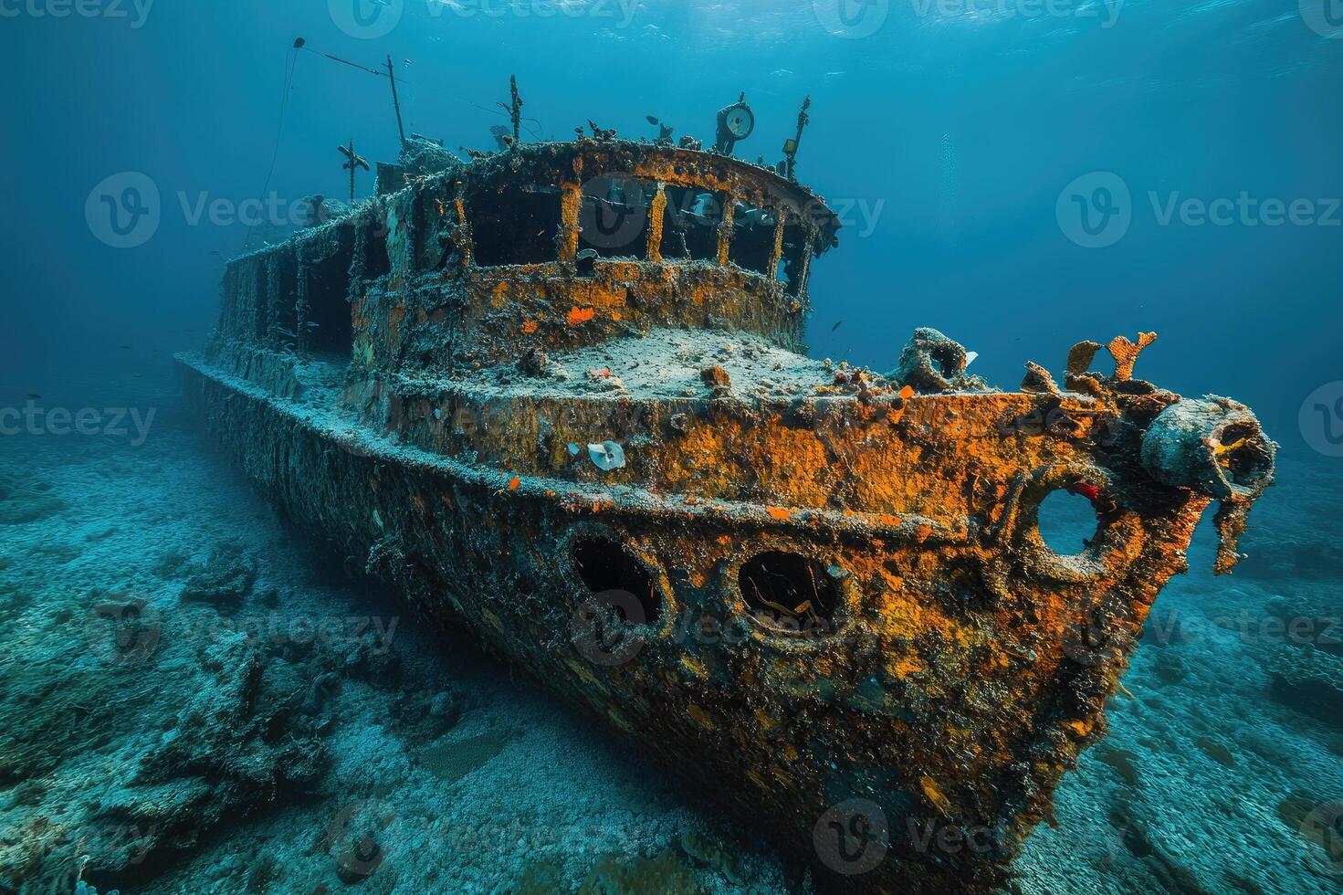 Rusty shipwreck lying on the seabed is getting covered with algae and coral photo