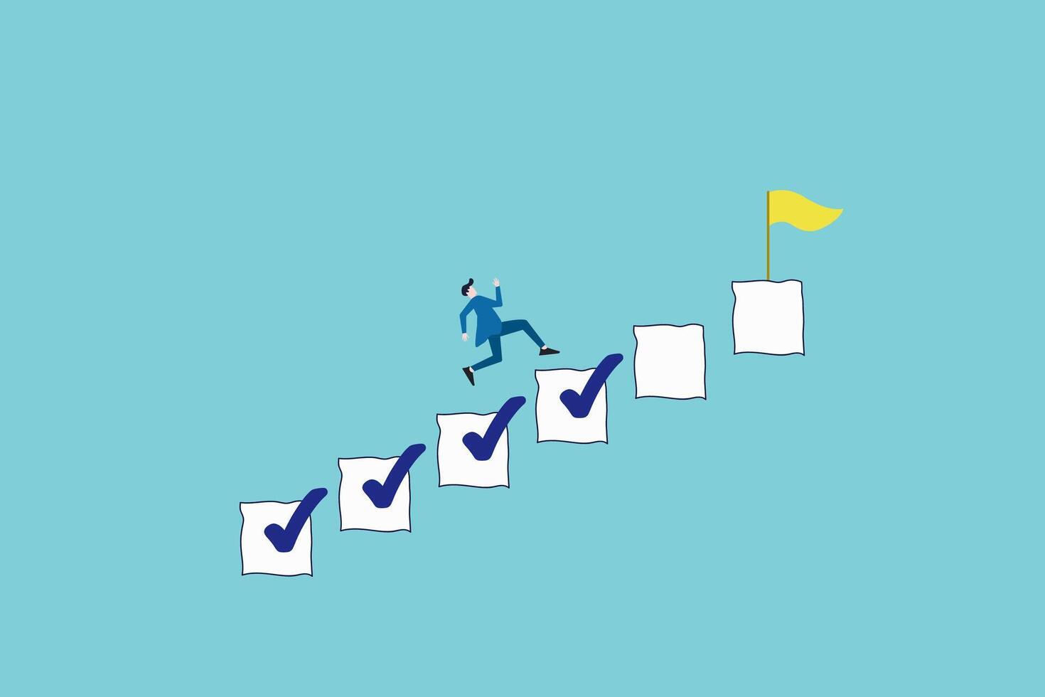 empresario paso en Lista de Verificación a Progreso a objetivo. progresión desde comienzo a éxito, desarrollo o mejora, desafío a Progreso y ganar competencia, Tareas terminación a terminar proyecto vector
