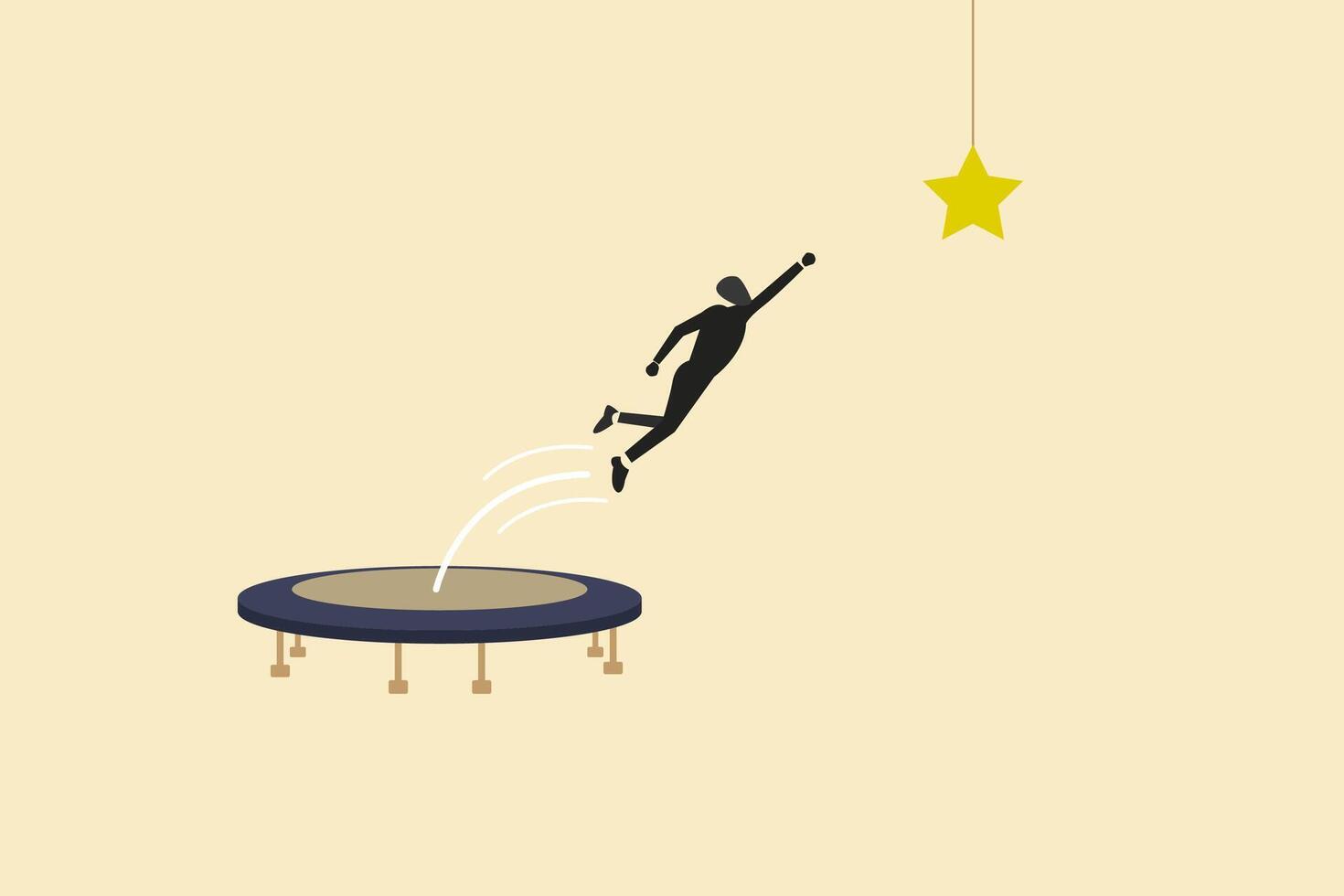 businessman bounce on trampoline jump flying high to grab star. concept of opportunity, success, improvement, career, goal, target, achievement. Eps10 illustration vector