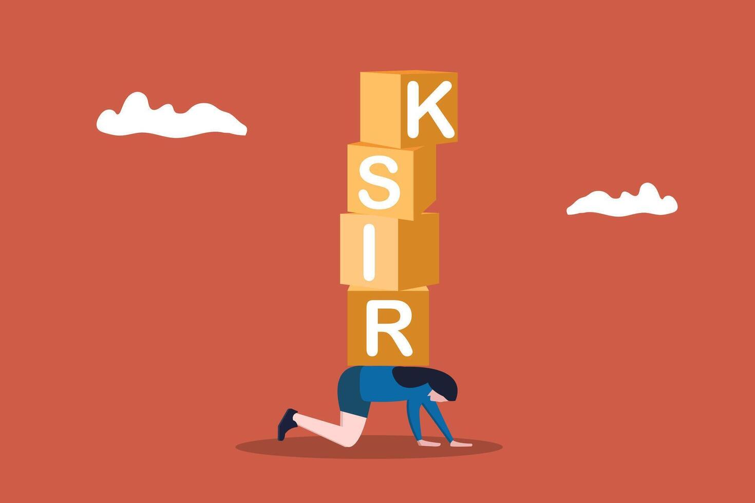 Stress business woman carry heavy big RISK burden. concept of Debt or NPL problem, loan or lending crisis, overspending mistake causing debt burden vector