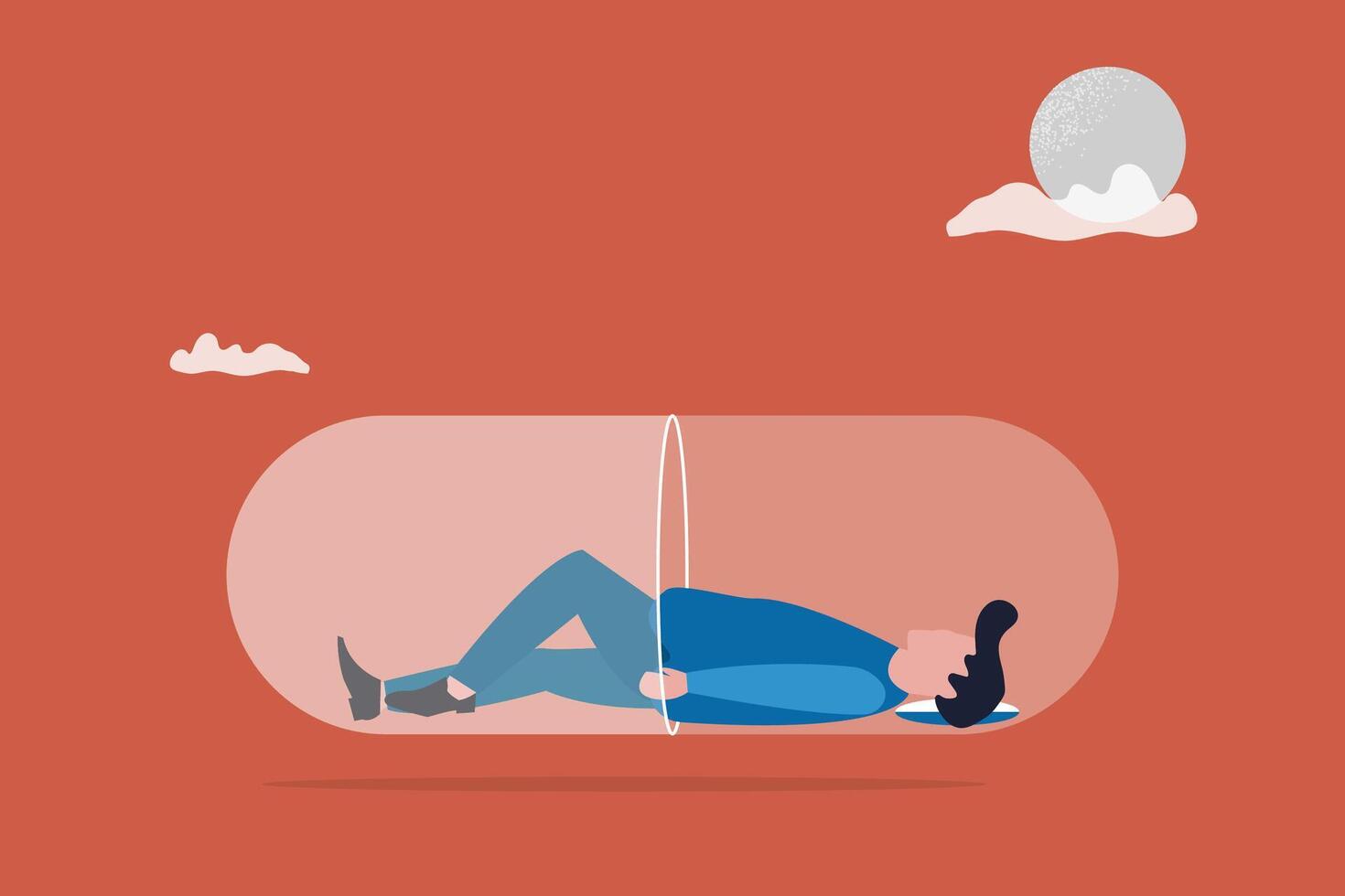 Sleeping boy in the pill bottles. concept of pills, good sleep, Insomnia, exhausted and frustrated vector