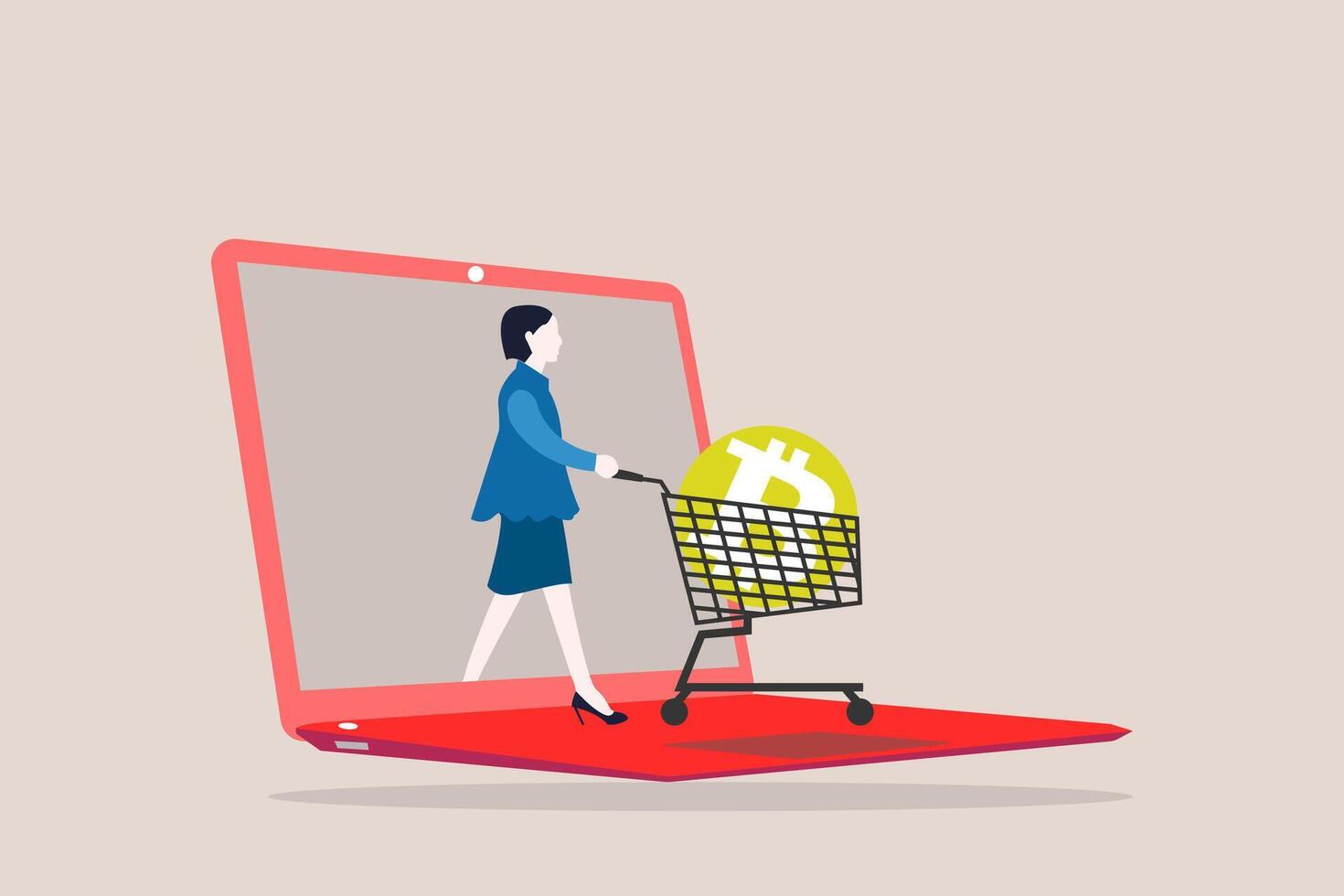 woman buying or purchasing crypto currency Bitcoin in shopping cart trolley out from laptop. concept of buying Bitcoin on sale when cryptocurrency price crash to make profit vector