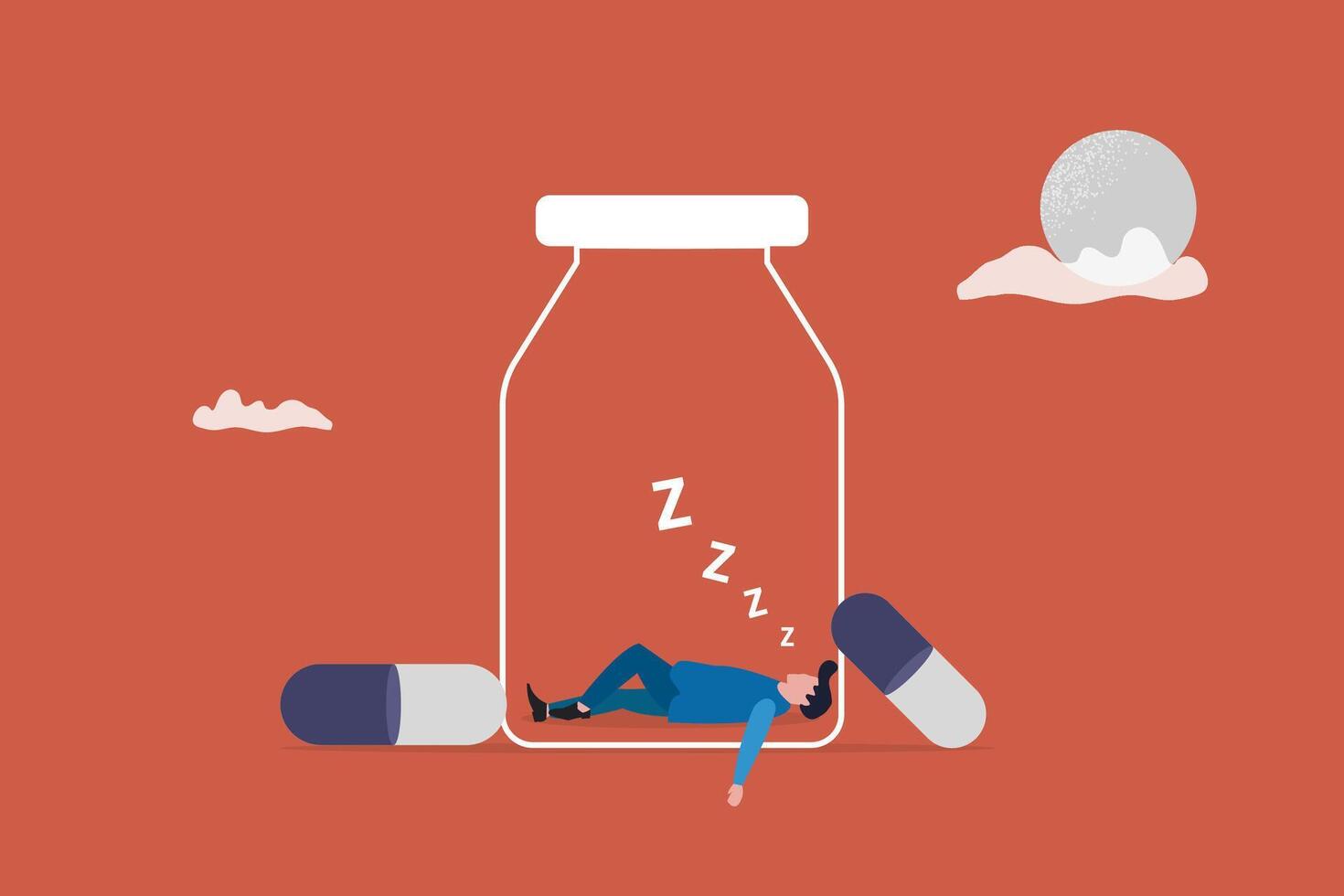 Sleeping boy in the pill bottles. concept of pills, good sleep, Insomnia, exhausted and frustrated vector