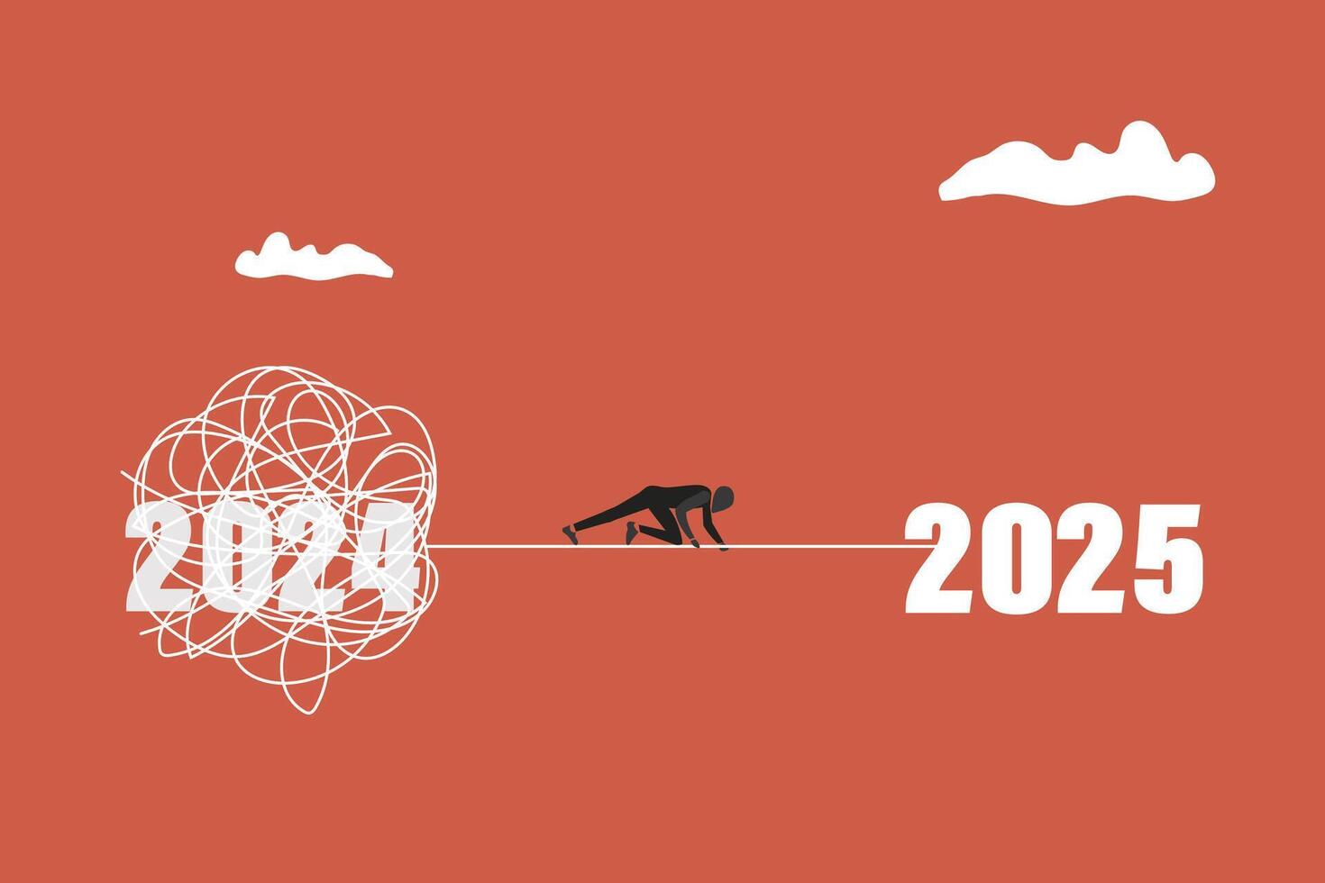 Businessman running away from mess chaos line from 2024 to 2025. concept of find solution, thinking process and problem solving vector