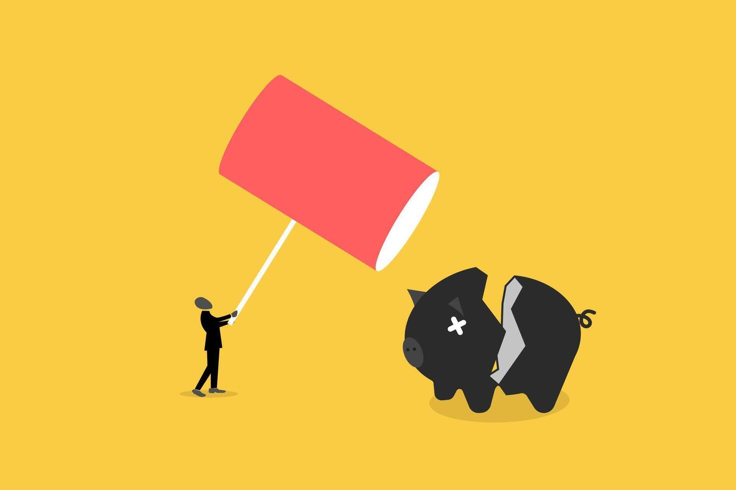 Businessman breaking piggy bank with hammer. concept of Financial crisis, Bankruptcy, investment failure. Depressed poor man in need of money vector