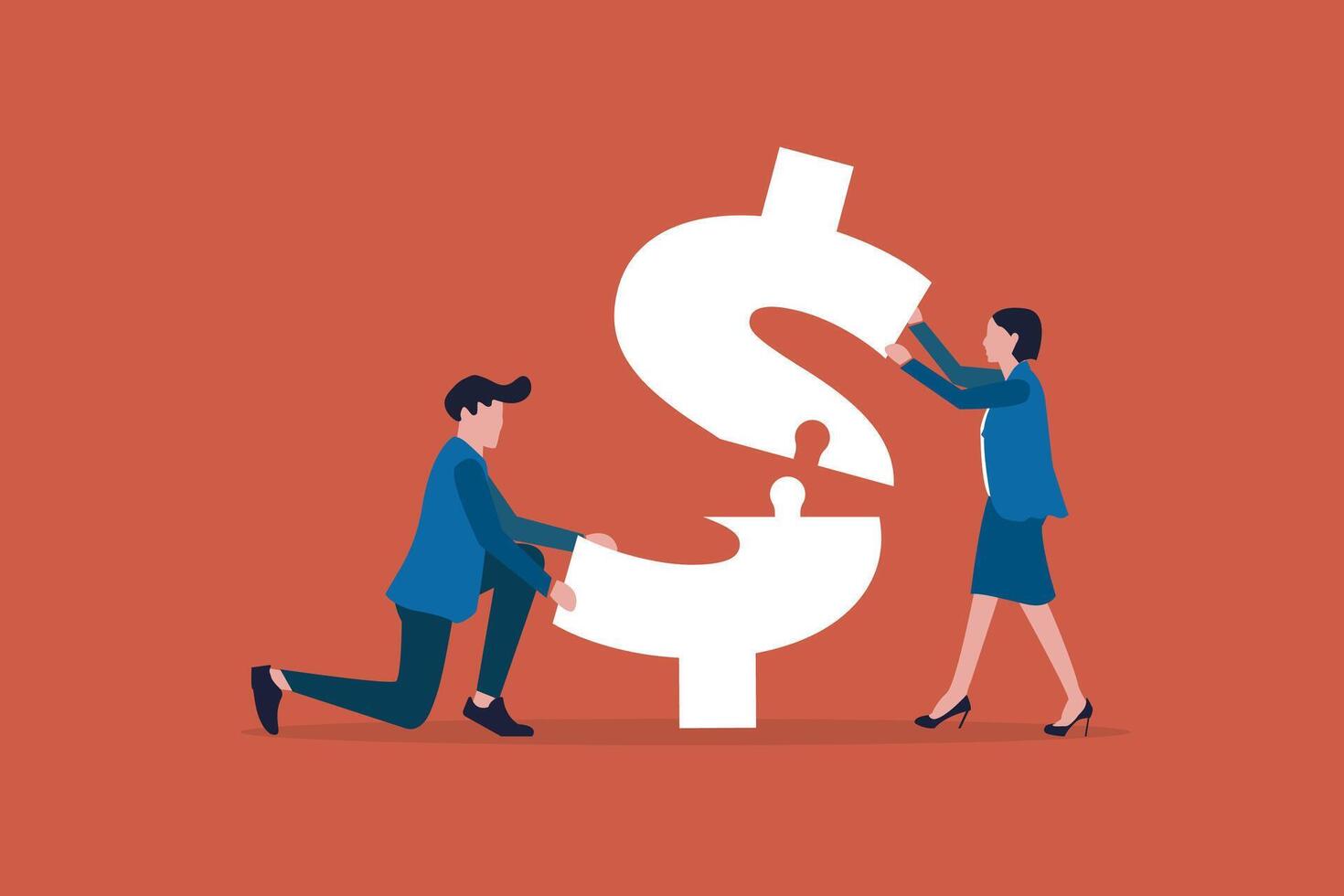 Business team complete jigsaw puzzle dollar sign to Successful vector