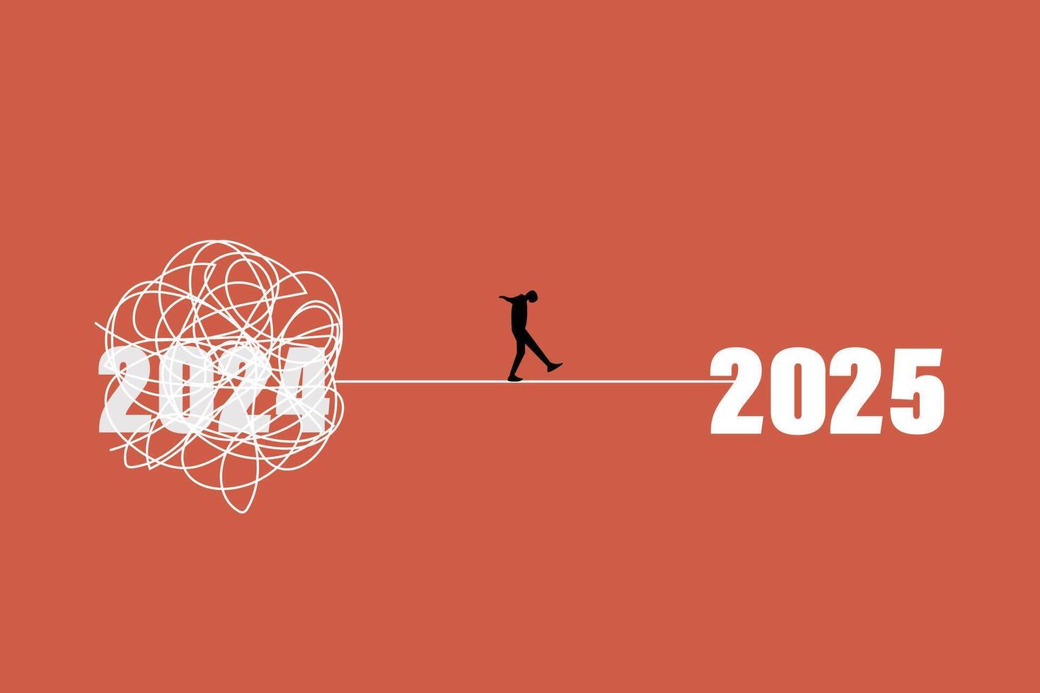 Businessman running away from mess chaos line from 2024 to 2025. concept of find solution, thinking process and problem solving vector