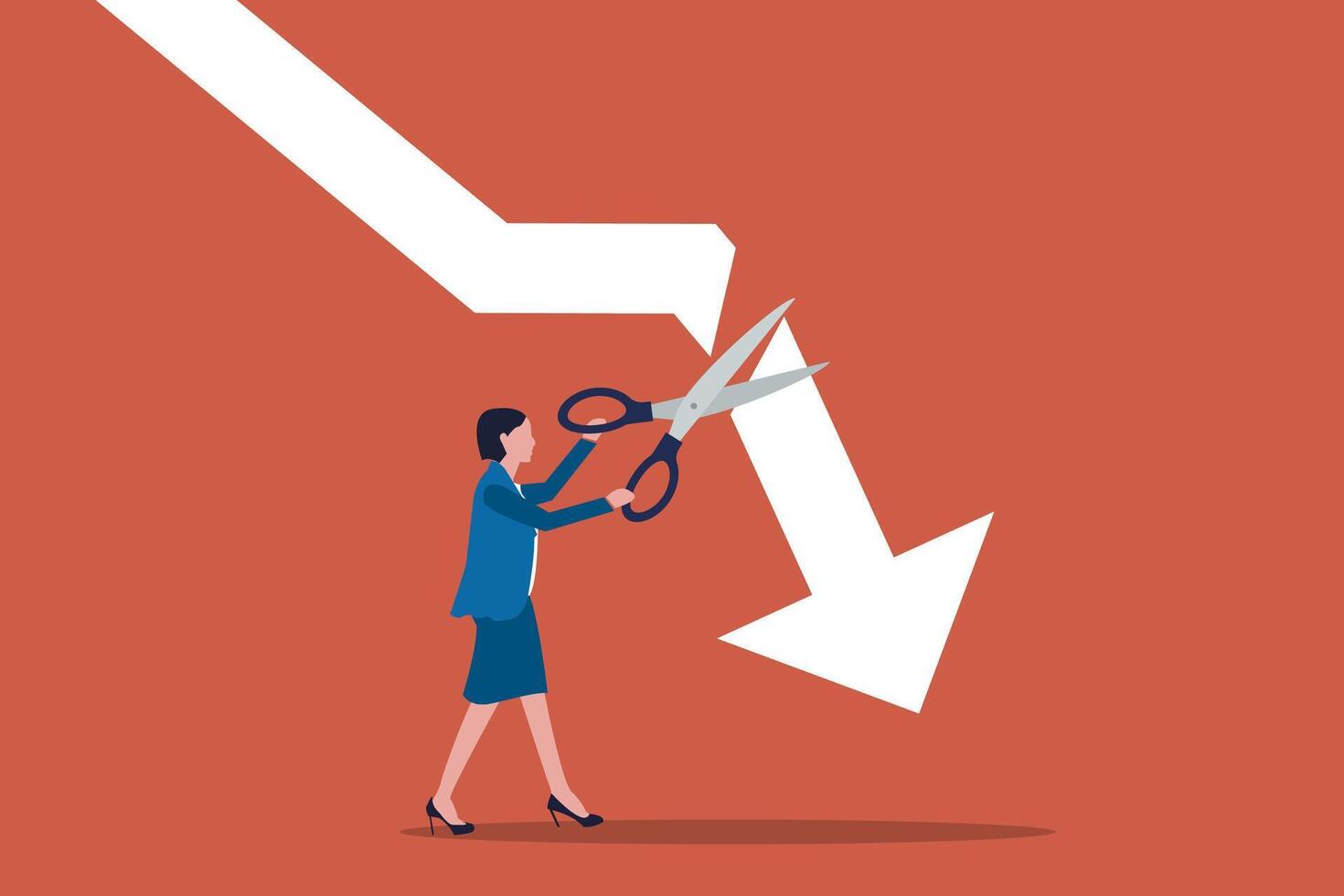 Business woman using scissors to cut off the falling downward arrow. concept of Stop losing assets from stock market volatility vector