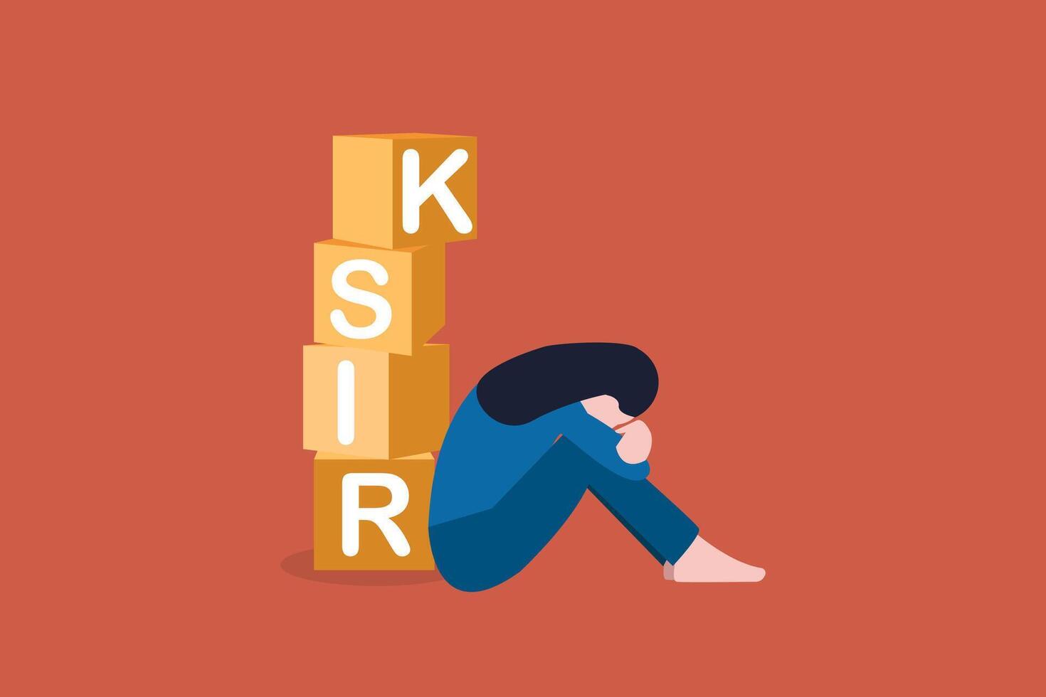 young woman sad sitting side RISK block. concept of Debt or NPL problem, loan or lending crisis, overspending mistake causing debt burden, recession or bankruptcy, credit default vector