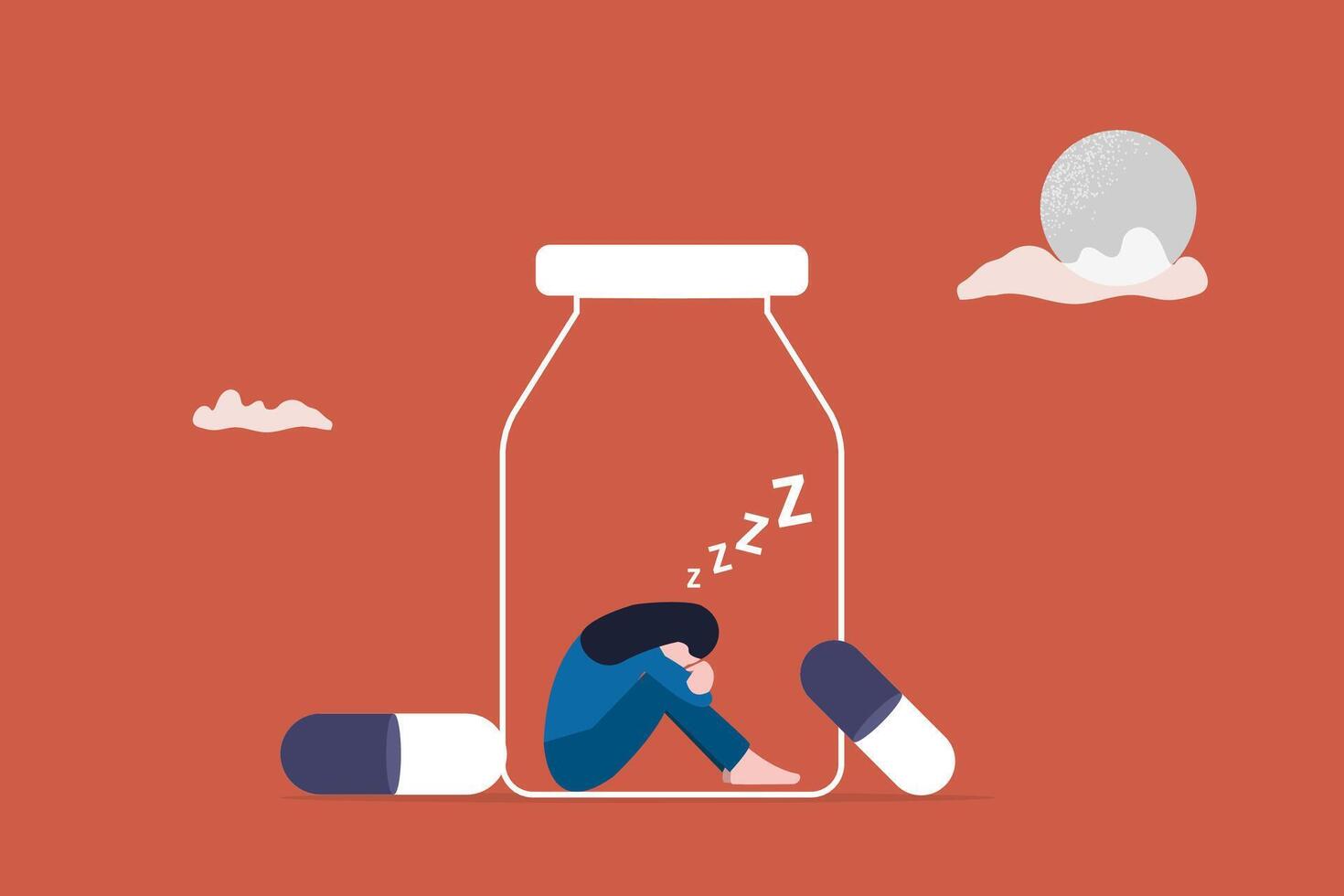 Sleeping girl in the pill bottles. concept of pills, good sleep, Insomnia, exhausted and frustrated vector