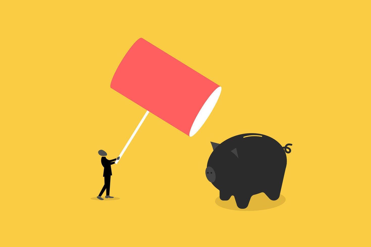 Businessman breaking piggy bank with hammer. concept of Financial crisis, Bankruptcy, investment failure. Depressed poor man in need of money vector