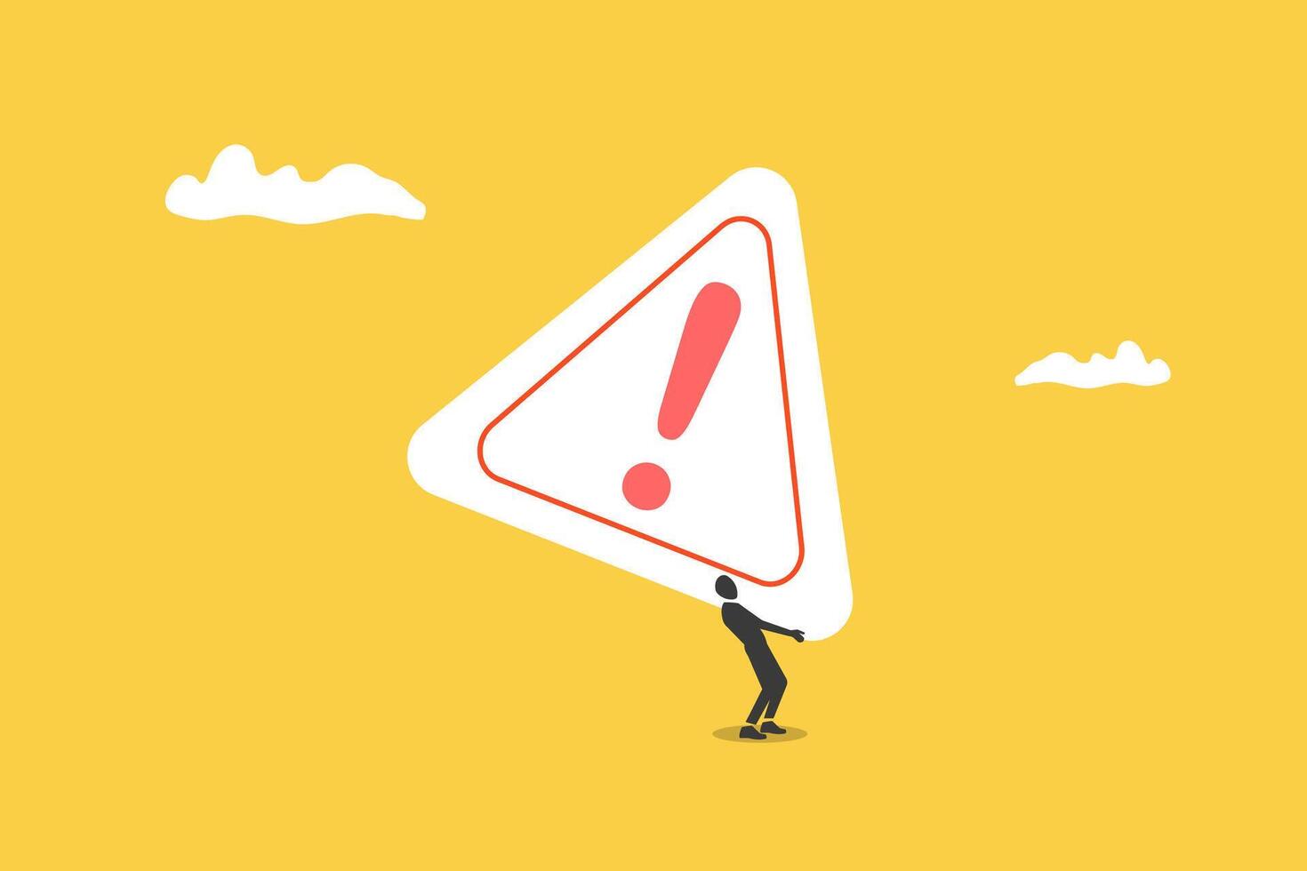 Businessman carrying huge exclamation attention sign. concept of solving problem, identify risk or critical failure vector