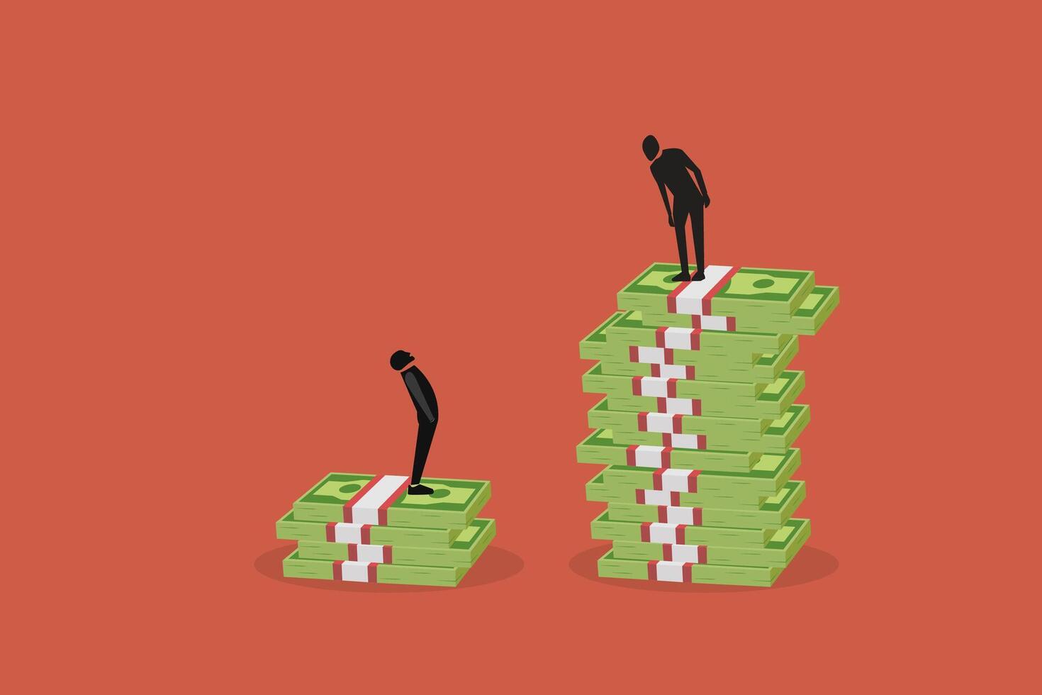 Businessman and businesswoman are standing on stacks of money representing wages level. concept of Gender gap and inequality in salary and discrimination vector