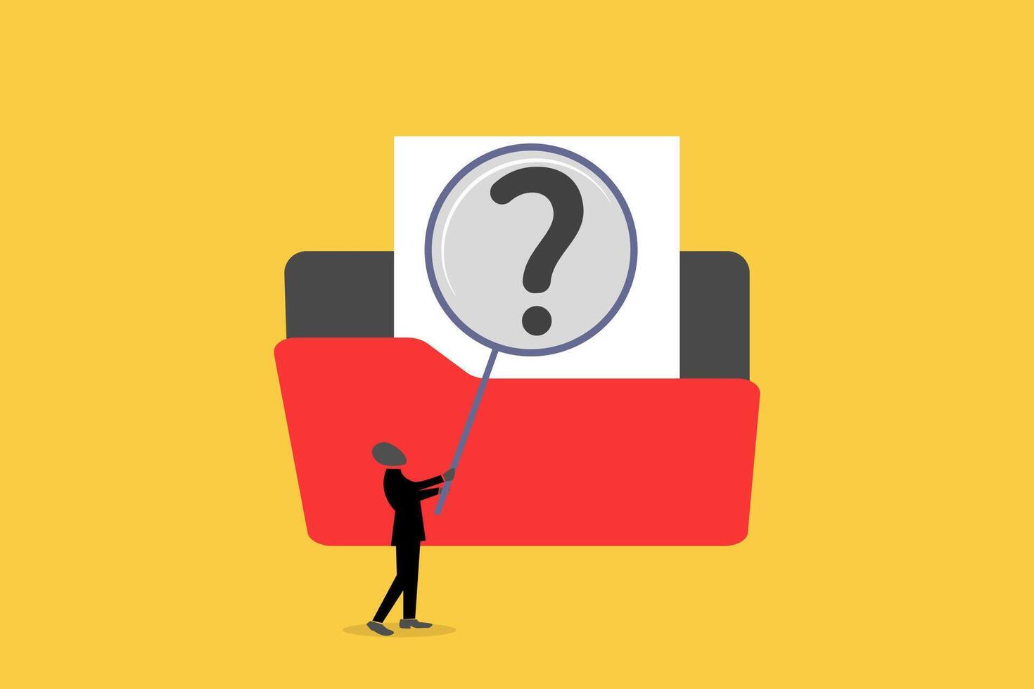 Employee uses magnifying glass search file. concept of documents, file manager, data storage and indexing vector