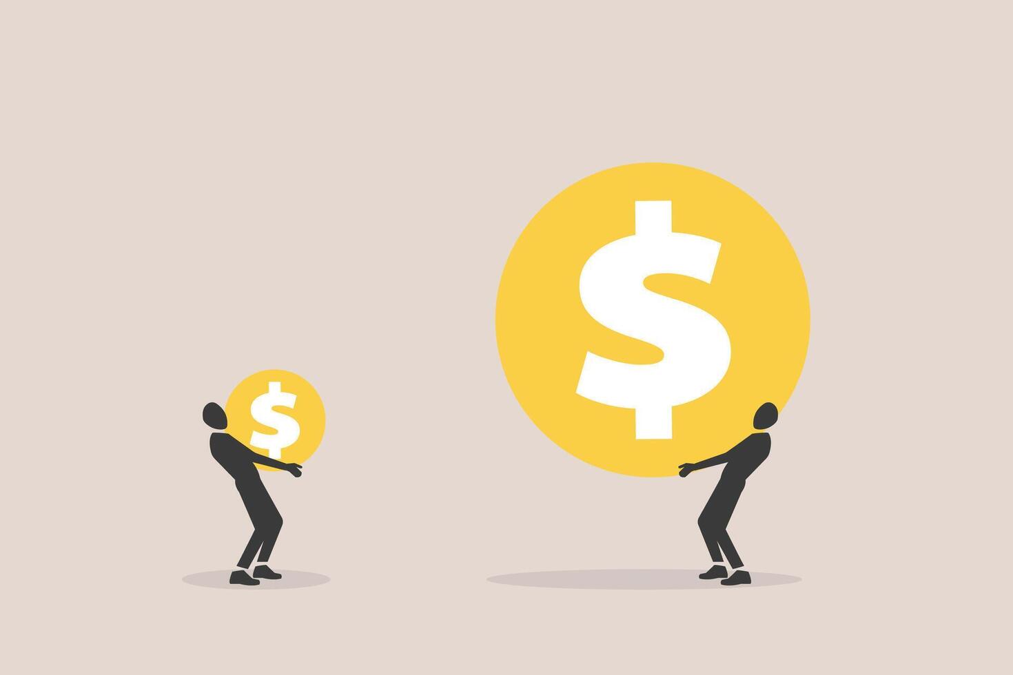 Businessman hanging big coin on much more paid money coins and less small income coin. concept of pay gap, inequality between man and woman wage, salary or income, issue about gender diversification vector