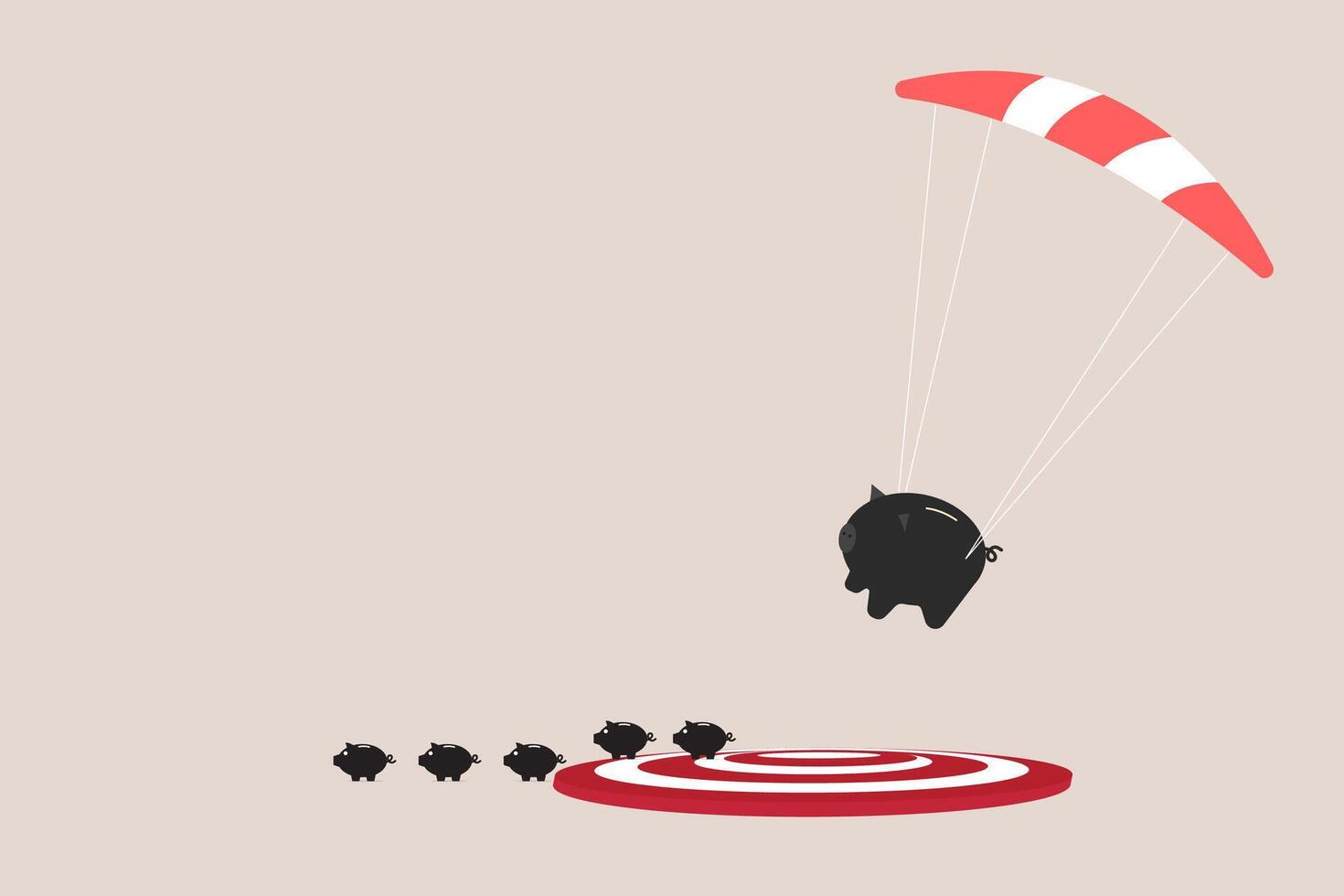 piggy bank with parachute landing on the target. concept of goal, opportunity and success vector