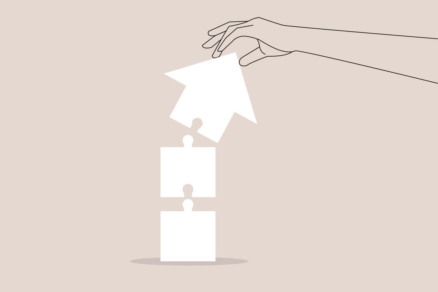 Big hand put piece of jigsaw puzzle to complete arrow. concept of Growth strategy, solving problem to success in work and solution vector