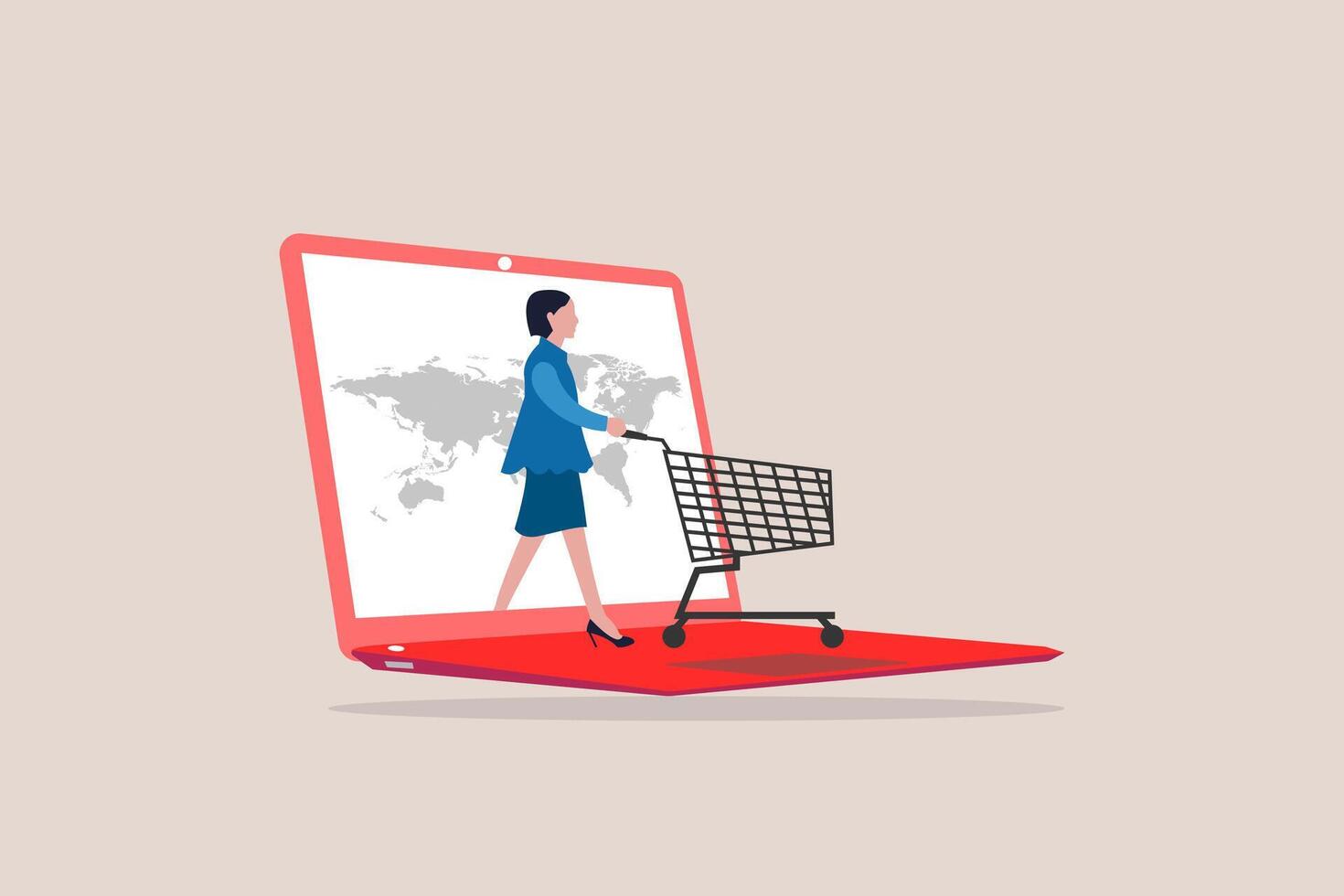 Online shopping or shopping app concept, Business woman pushing shopping cart trolley running from website or app on laptop. concept of Online shopping or mobile shopping app vector