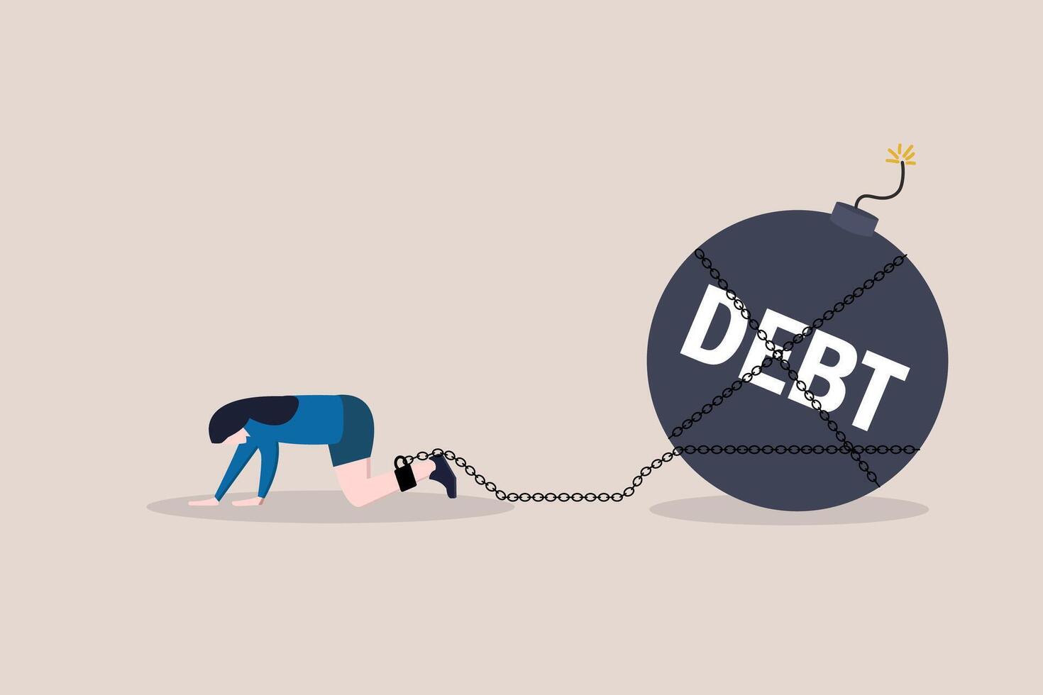 Woman with overdue bill payment chained with debt burden. concept of Debt, crisis, overspending, recession, and bankruptcy vector