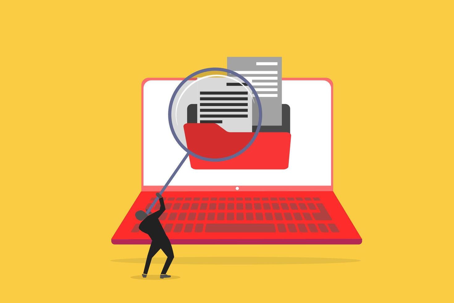 Employee uses magnifying glass search file. concept of documents, file manager, data storage and indexing vector