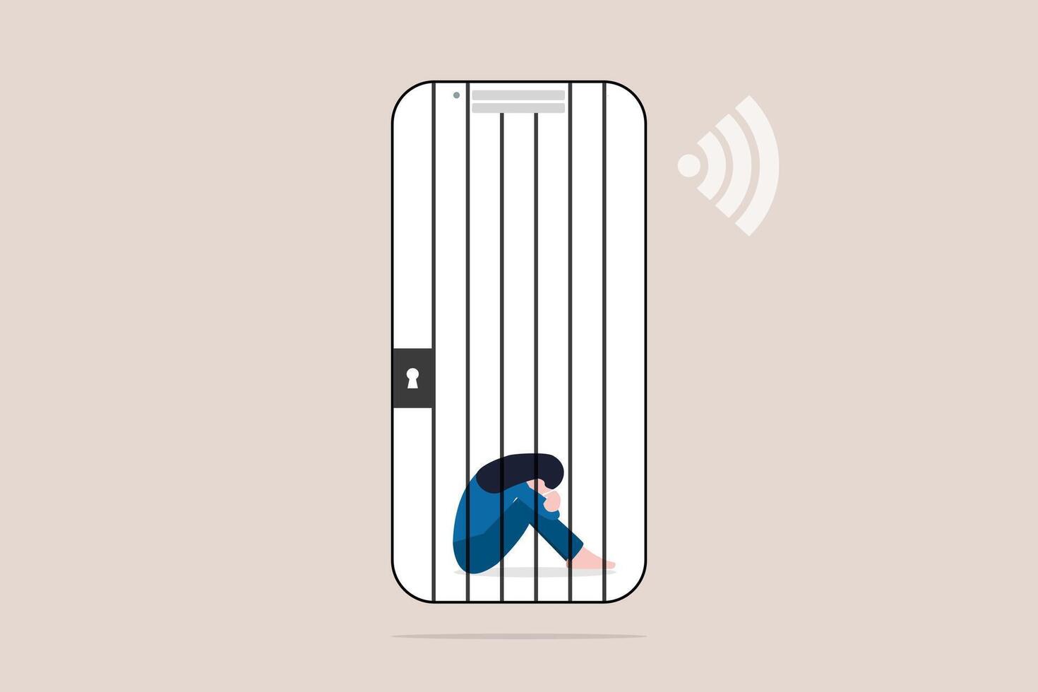 Young woman Social Media Addiction Mobile Phone Prisoner. concept of Health problems, depression, and pressure vector