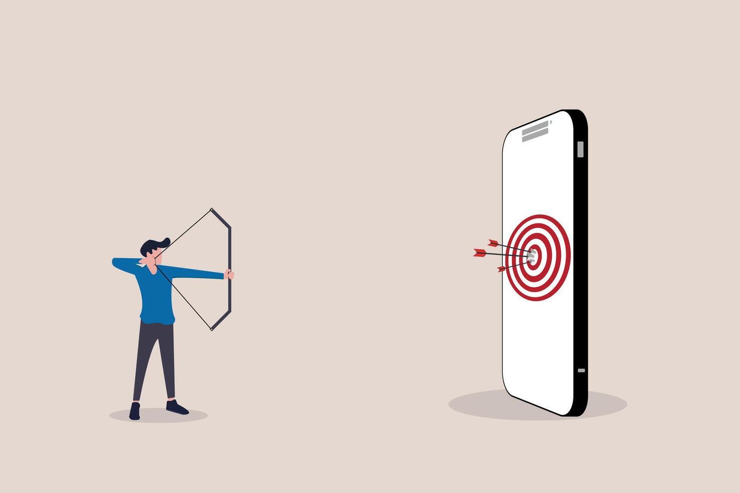 Successfully hitting the target. Man hitting the bullseye thrice with bow and arrow. artwork depicts success, hat trick, accuracy, on target, achievement, perfection, and accomplishment vector