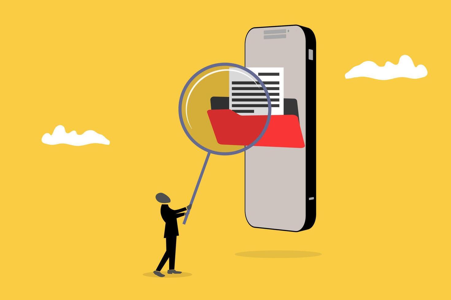 Employee uses magnifying glass search file. concept of documents, file manager, data storage and indexing vector