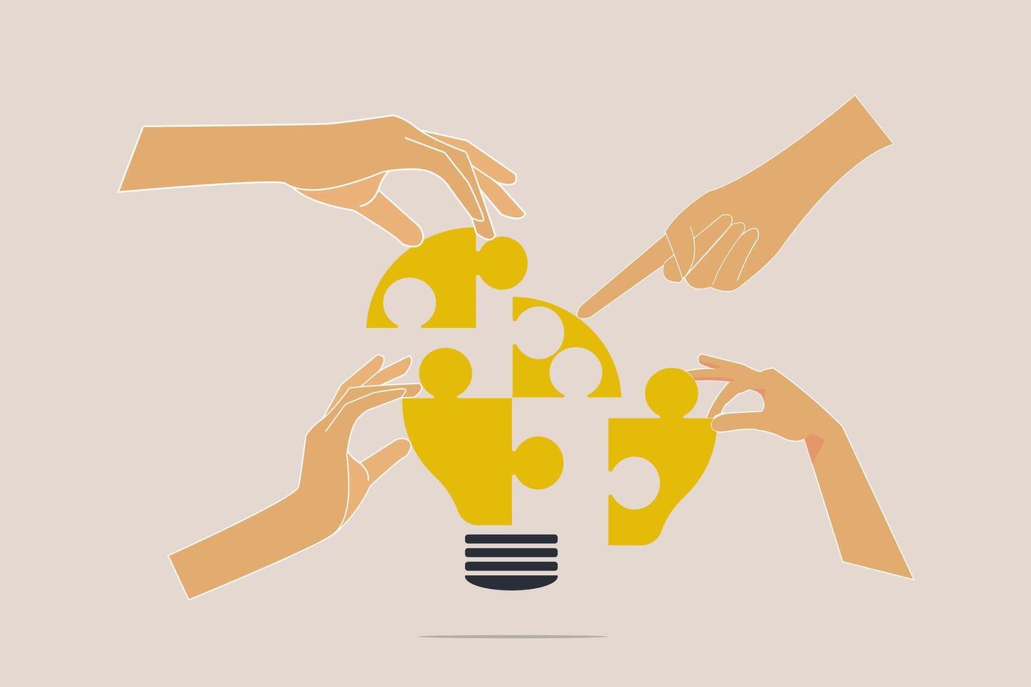 Hand businessman team members partner connect lightbulb jigsaw puzzle together. concept of Teamwork or partnership for business success, innovation or creativity to solve problem vector