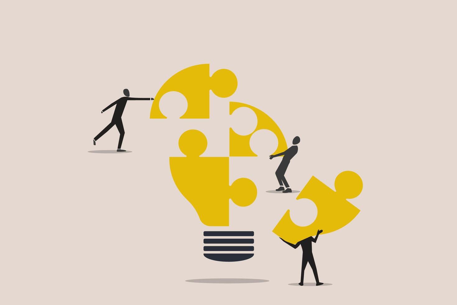 Team members partner connect lightbulb jigsaw puzzle together. concepet of Teamwork or partnership for business success, innovation or creativity to solve problem, brainstorm or connect idea vector