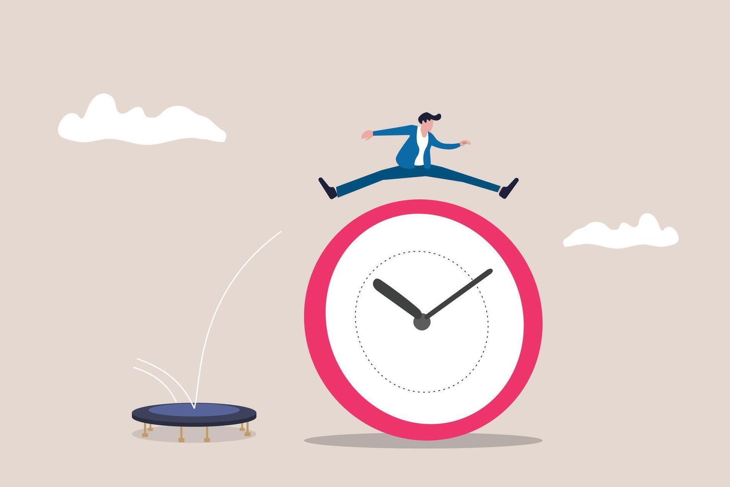 Businessman jump on clocks, organizing time, planning tasks and scheduling. Concept of effective self organization and management control vector