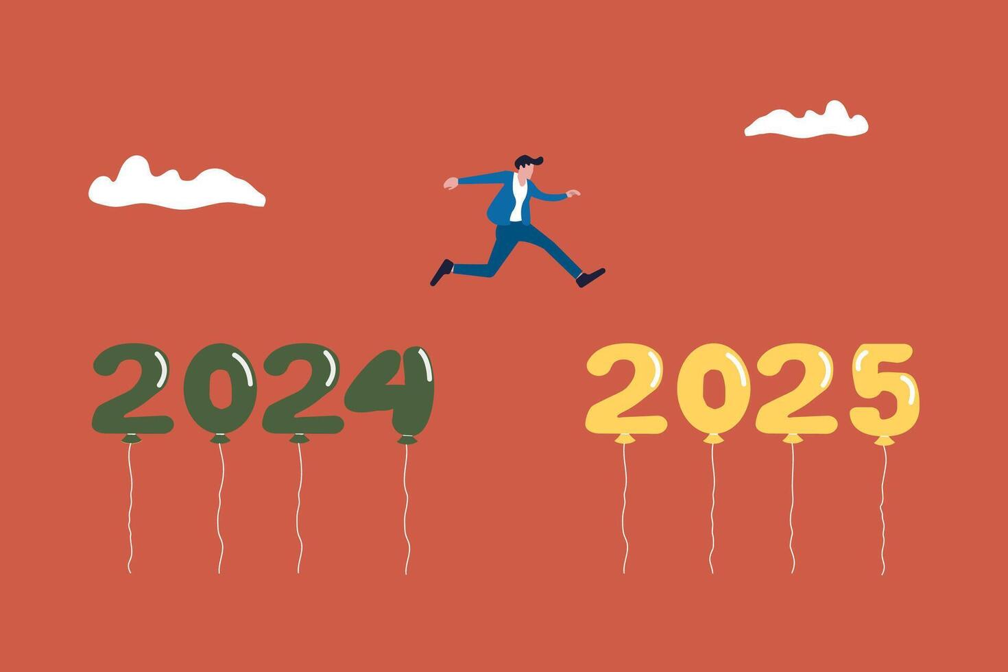 Businessman jump cross the gap from year 2024 to 2025. Happy new year 2023 hope for business success, opportunity, career, and enjoy life vector