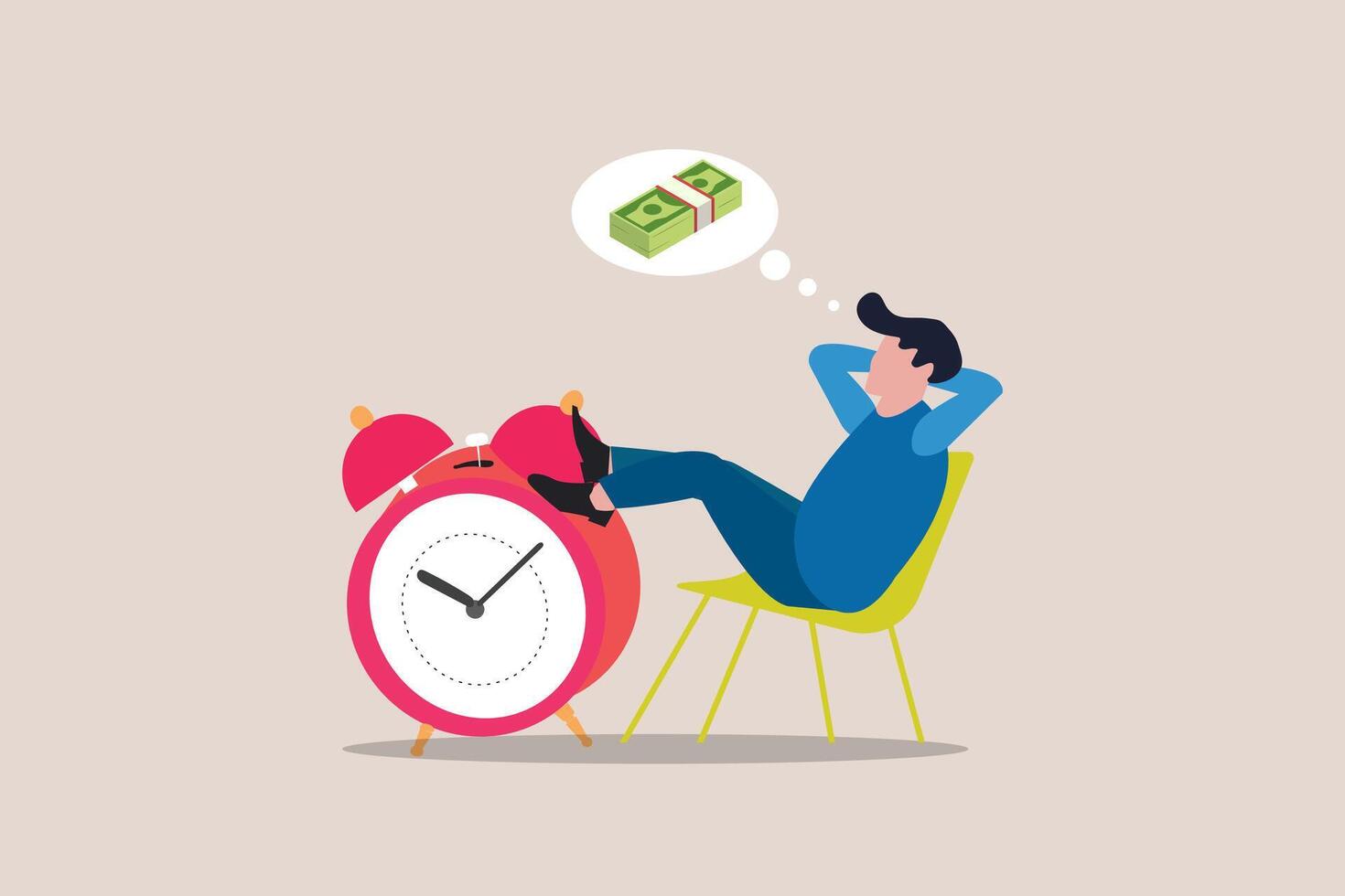 Businessman relax on the time running clock dreaming about money. concept of wasting time, slow living, and low productivity or efficiency vector