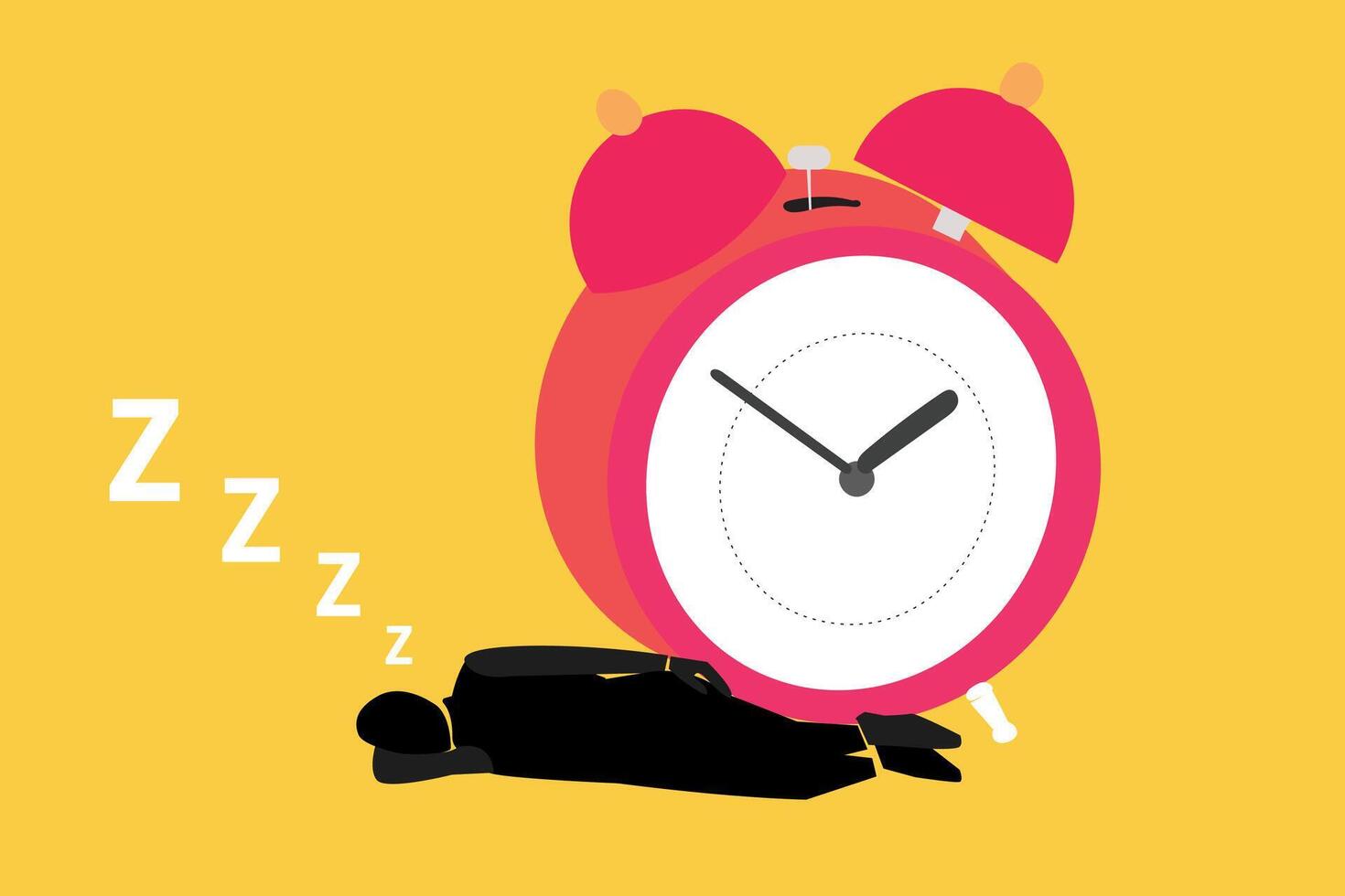 Tired bored businessman sleep front of clock. concept of boring work, dead end job, overwork extra after hours, lack of sleep, insomnia consequences, need rest vector