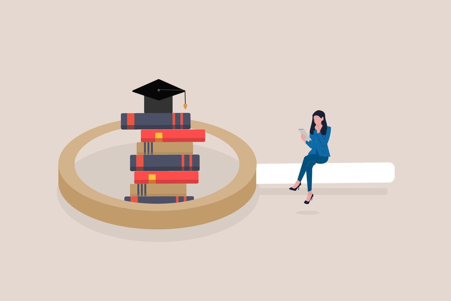 Business woman sit on magnifying glass. concept of Growth education training, learning and self development, ambitions. Knowledge and information vector