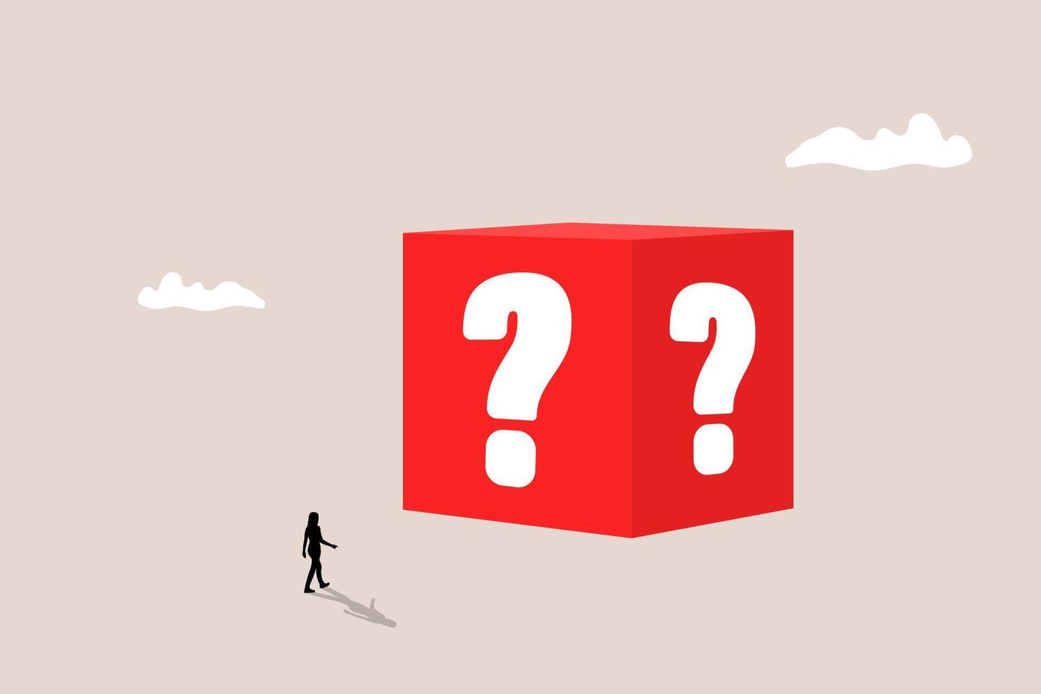 Business woman stands in front of a question mark cube, hoping to seize an opportunity. vector