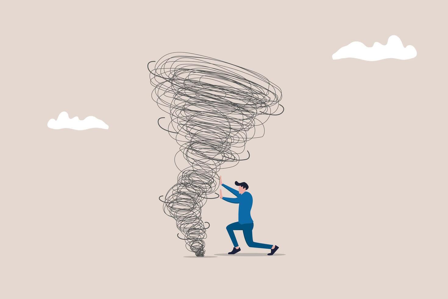 Strong business man concept. Symbol of strength, courage, power. Businessman push a tornado. business illustration. Businessman pushing huge stone up. problem crisis vector