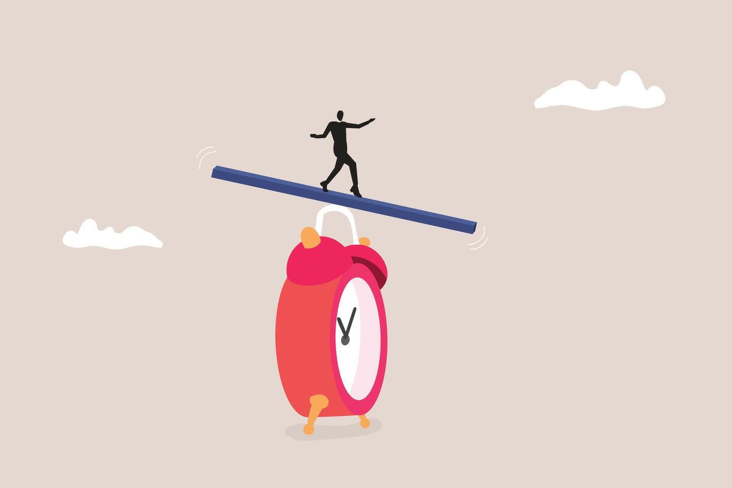 Businessman balancing on clock. concept of Flexible working hours, work life balance or focus and time management while working from home vector