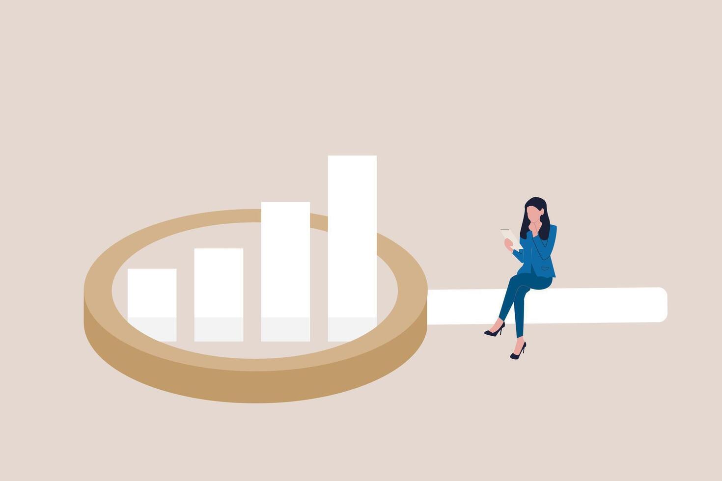 Business woman look at magnify market data chart and graph. concept Market research, marketing or advertising survey to launch product, competitors research or social media report vector