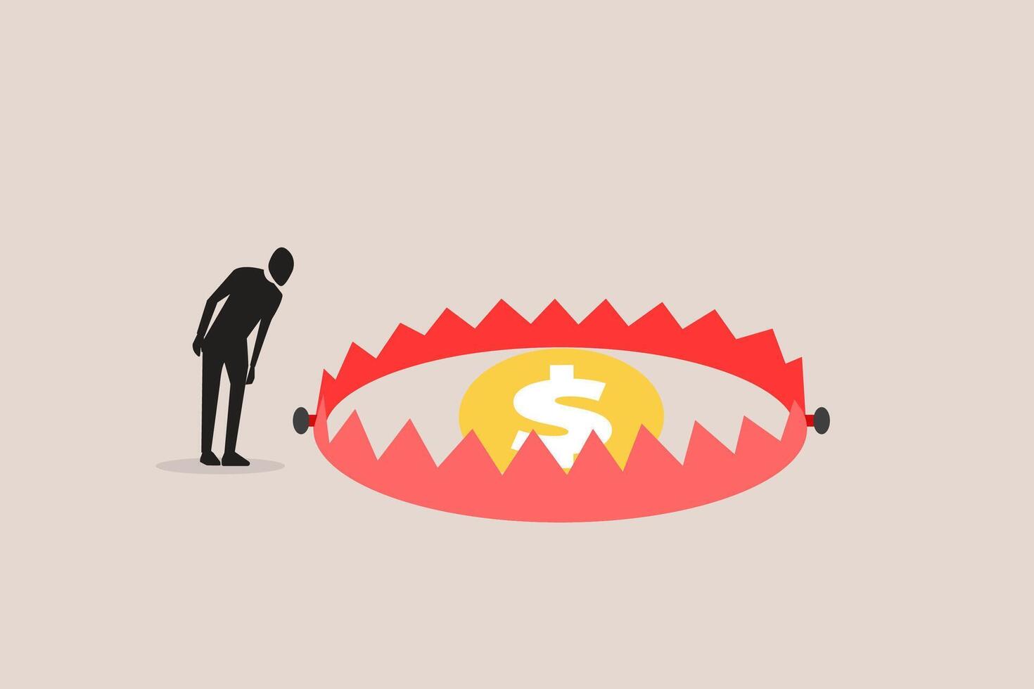 Businessman look i money pitfall or mouse trap with big money dollar sign bait. concept of Financial money trap, risk in investment, ponzi scheme or business pitfall vector