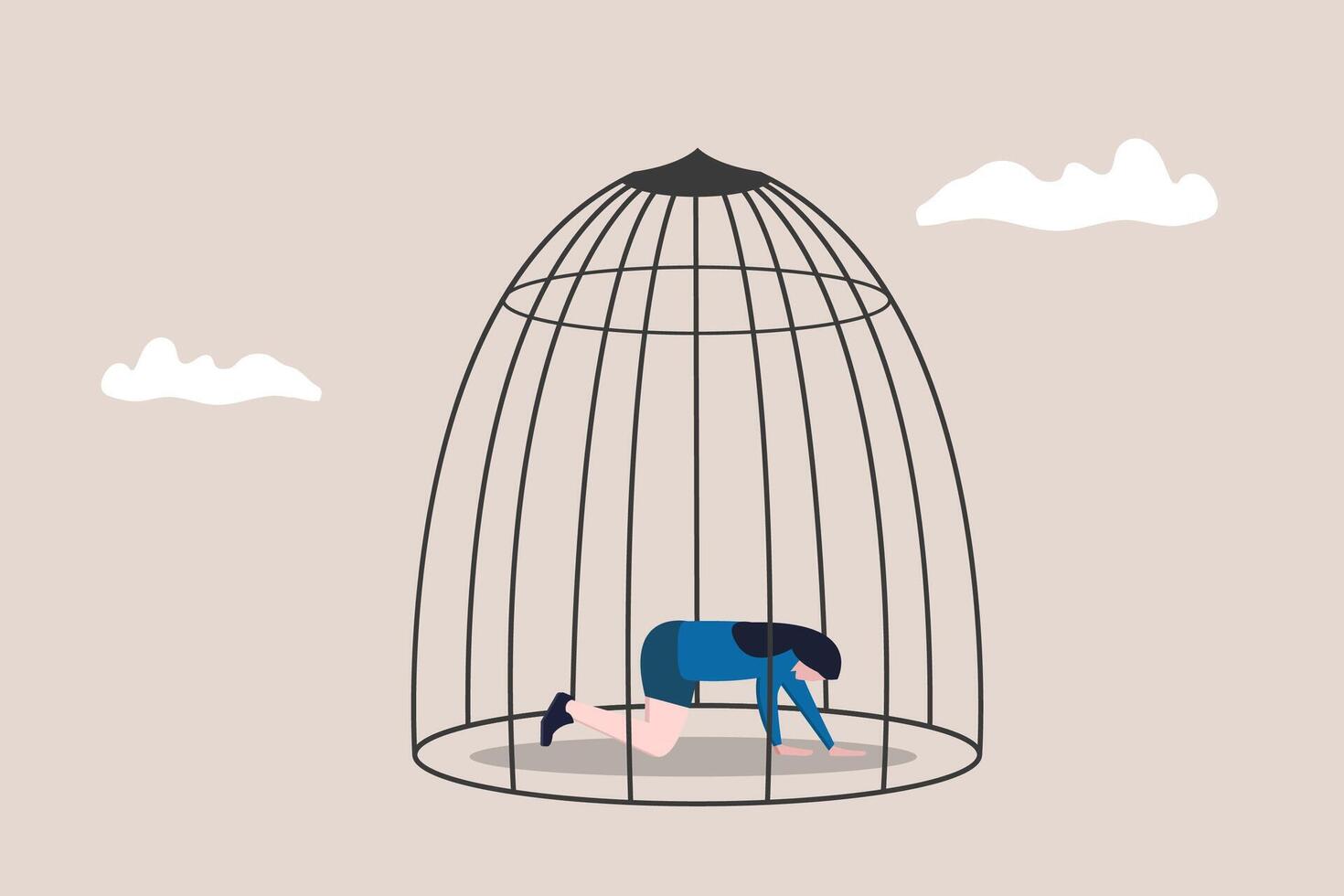 Business woman with depression and despair sitting in bird cage. concept of Business stagnation with no growth, limitation in career development, punishment with no freedom in business vector