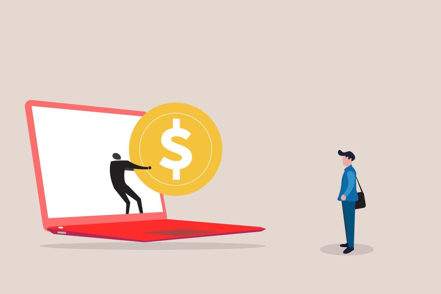 Man with gold dollar out of laptop. concept of online payment, Money transfer, online banking, Send and receive financial transaction technology vector