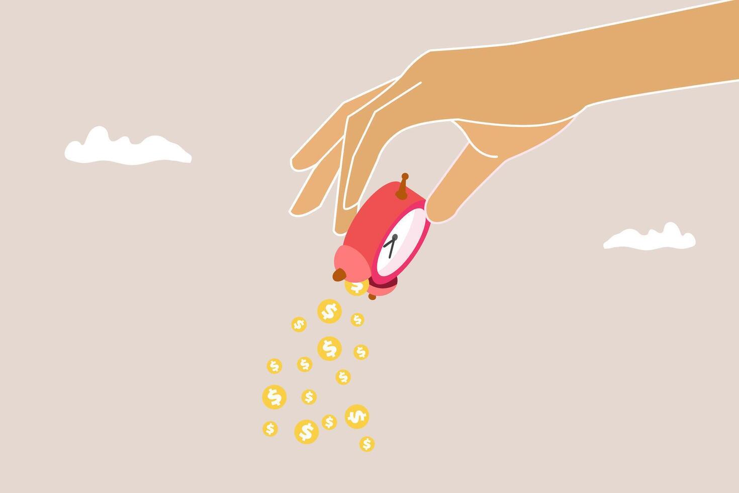 Big hand holding a watch with leaking money. concept of opportunity, saving, time management vector