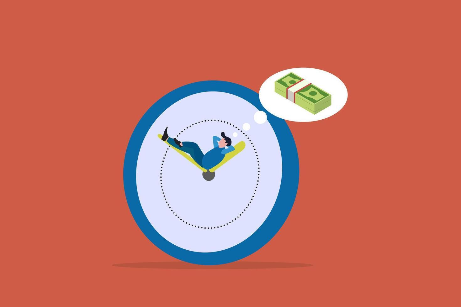 Businessman relax on the time running clock dreaming about money. concept of wasting time, slow living, and low productivity or efficiency vector