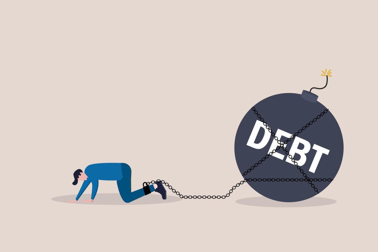Man with overdue bill payment chained with debt burden. concept of Debt, crisis, overspending, recession, and bankruptcy vector