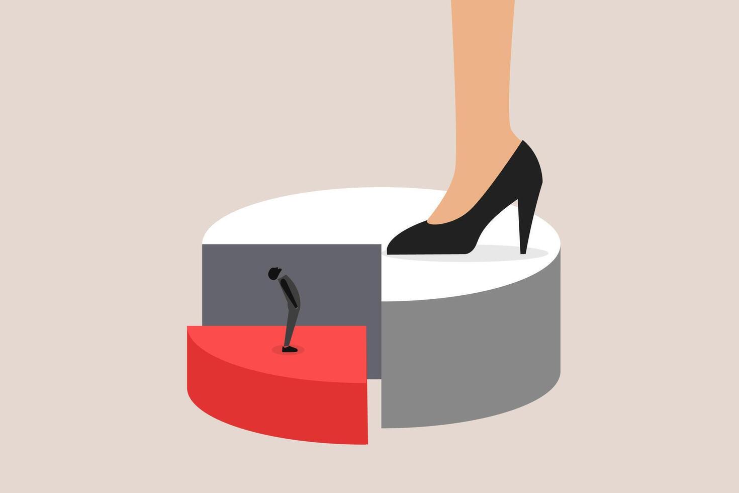 Big business woman and tiny businessman standing on pie chart. concept of target, opportunity, economic financial share profit, challenge and success vector