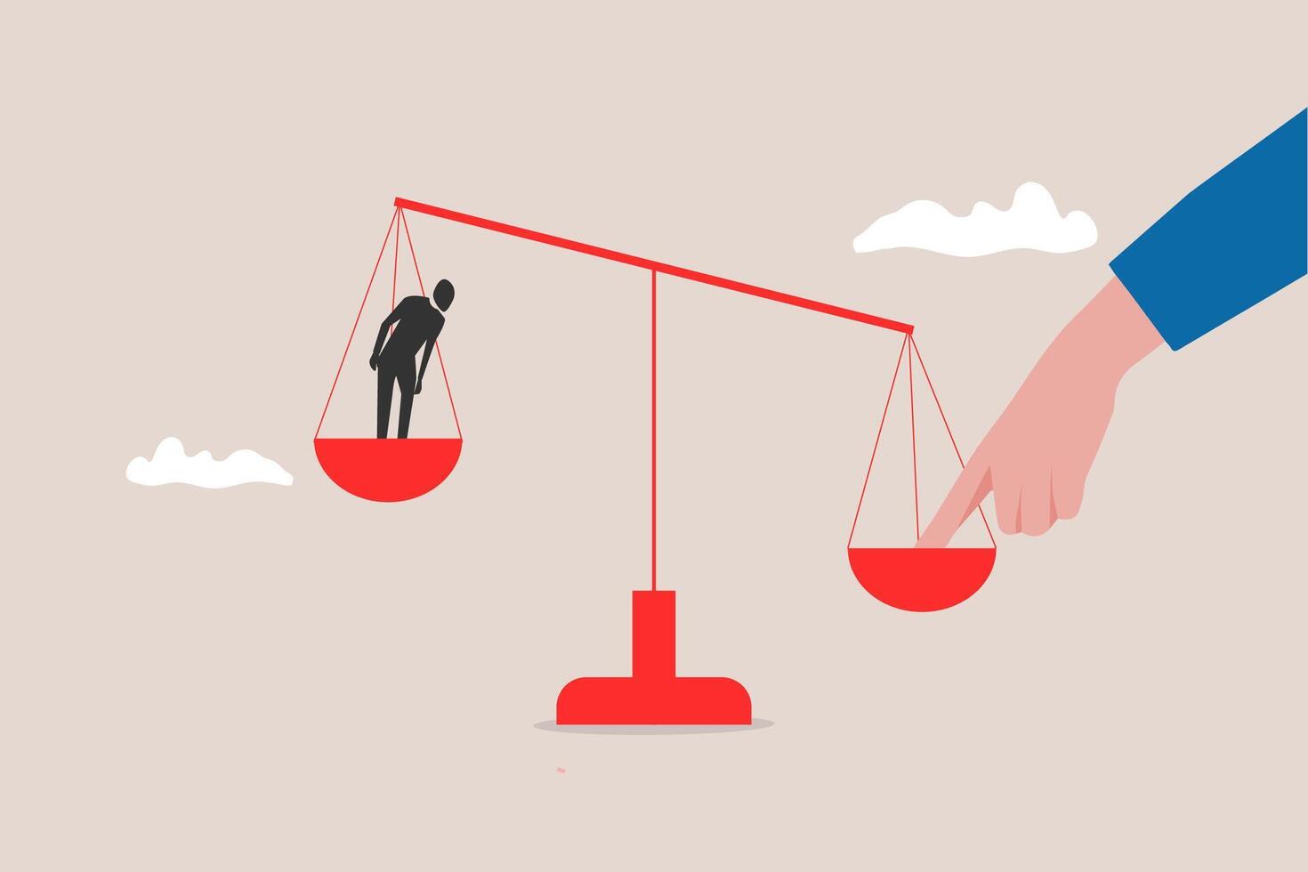 The finger push the scale. concept of Finger illegally influencing the legal system for an unfair advantage vector