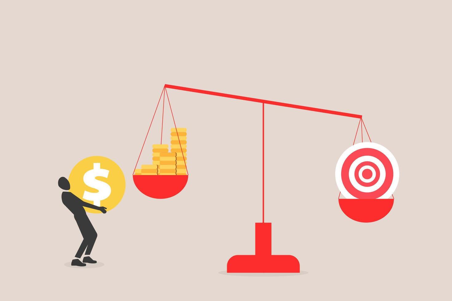 Businessman with unbalanced scales, target vs money. Weight of people ideas and time greater vector
