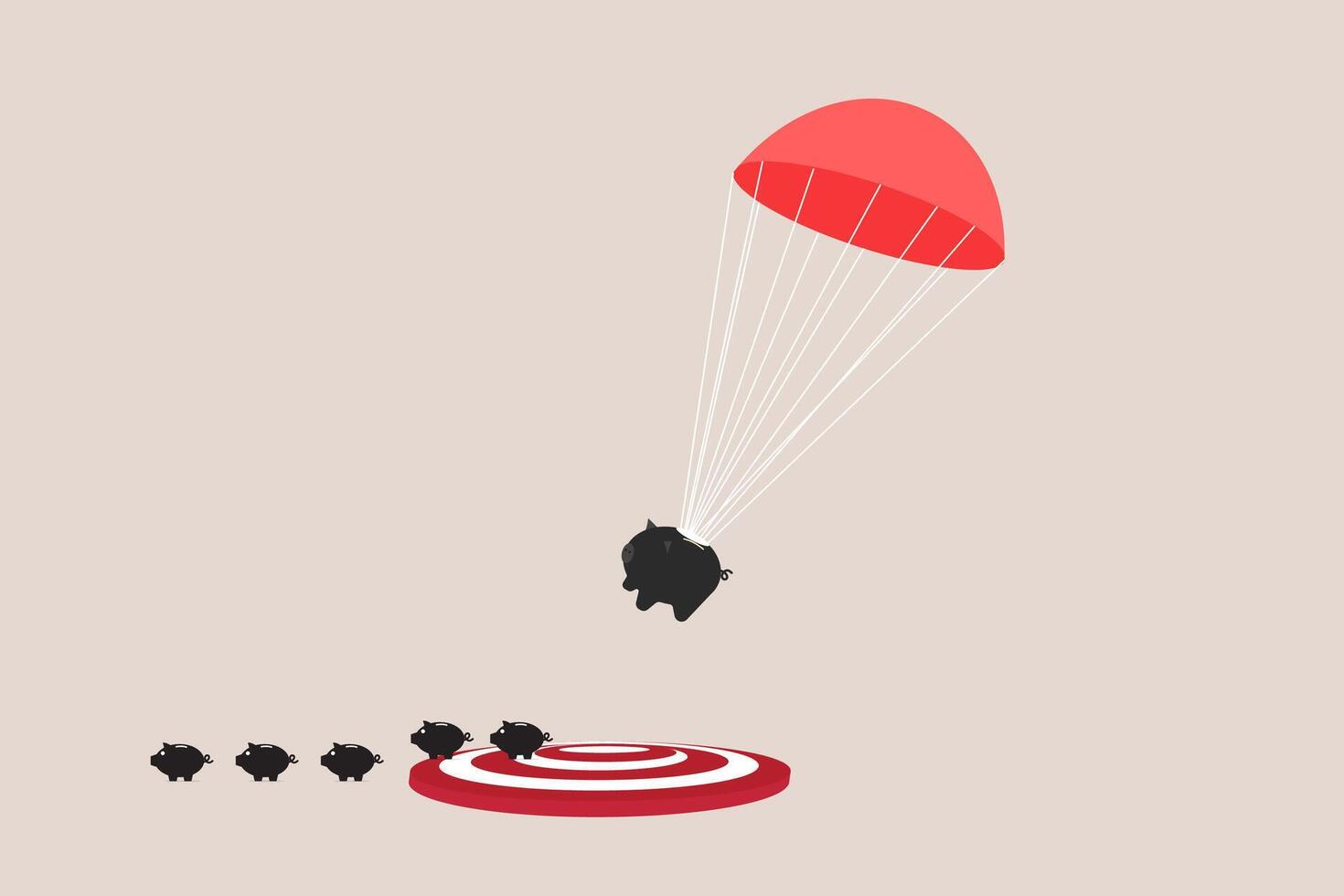 piggy bank with parachute landing on the target. concept of goal, opportunity and success vector
