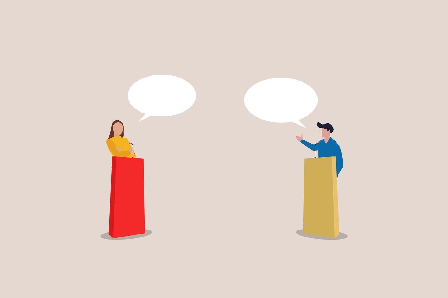 woman and man debating, Concept of political debate with two candidates behind their desks, who are fighting for leadership and gaining power vector
