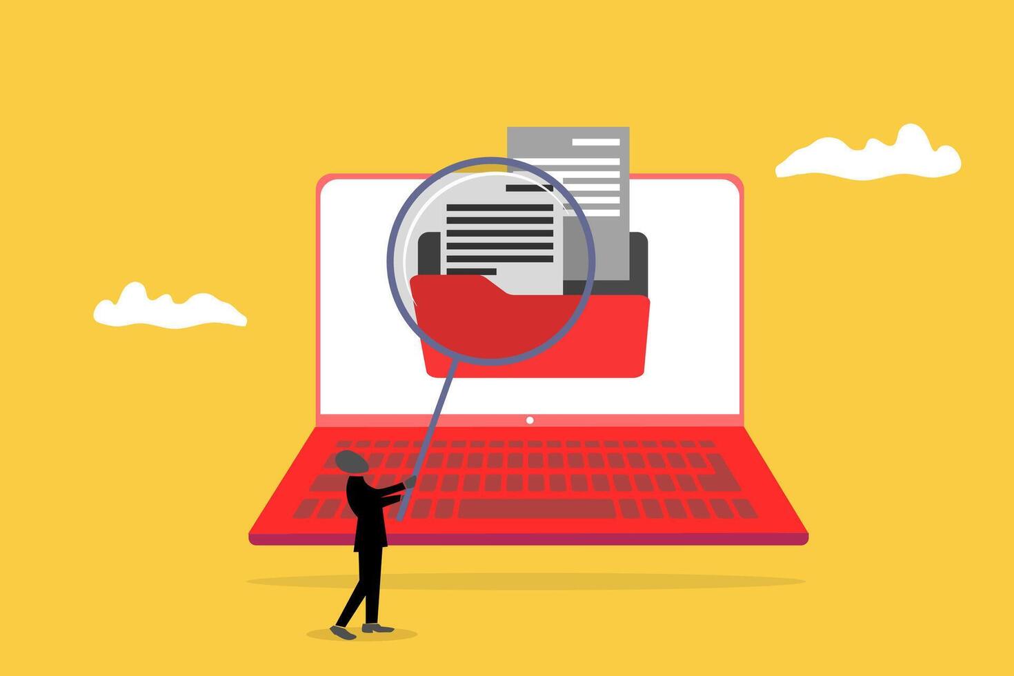 Employee uses magnifying glass search file. concept of documents, file manager, data storage and indexing vector